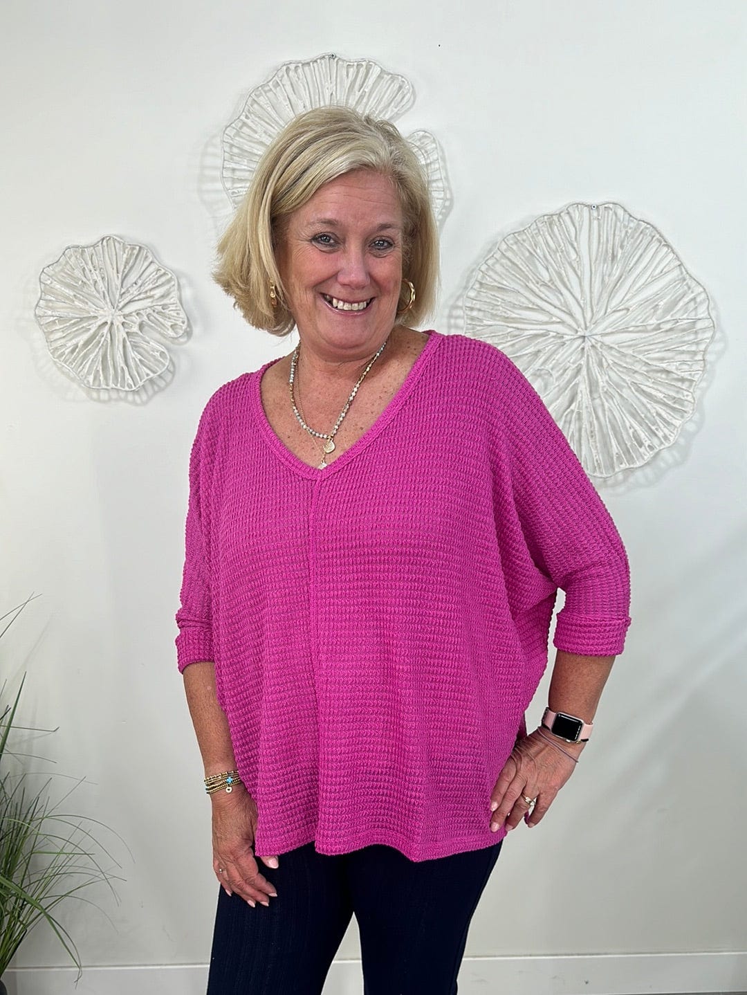 Neon Pink Hi-Low Jacquard Sweater
