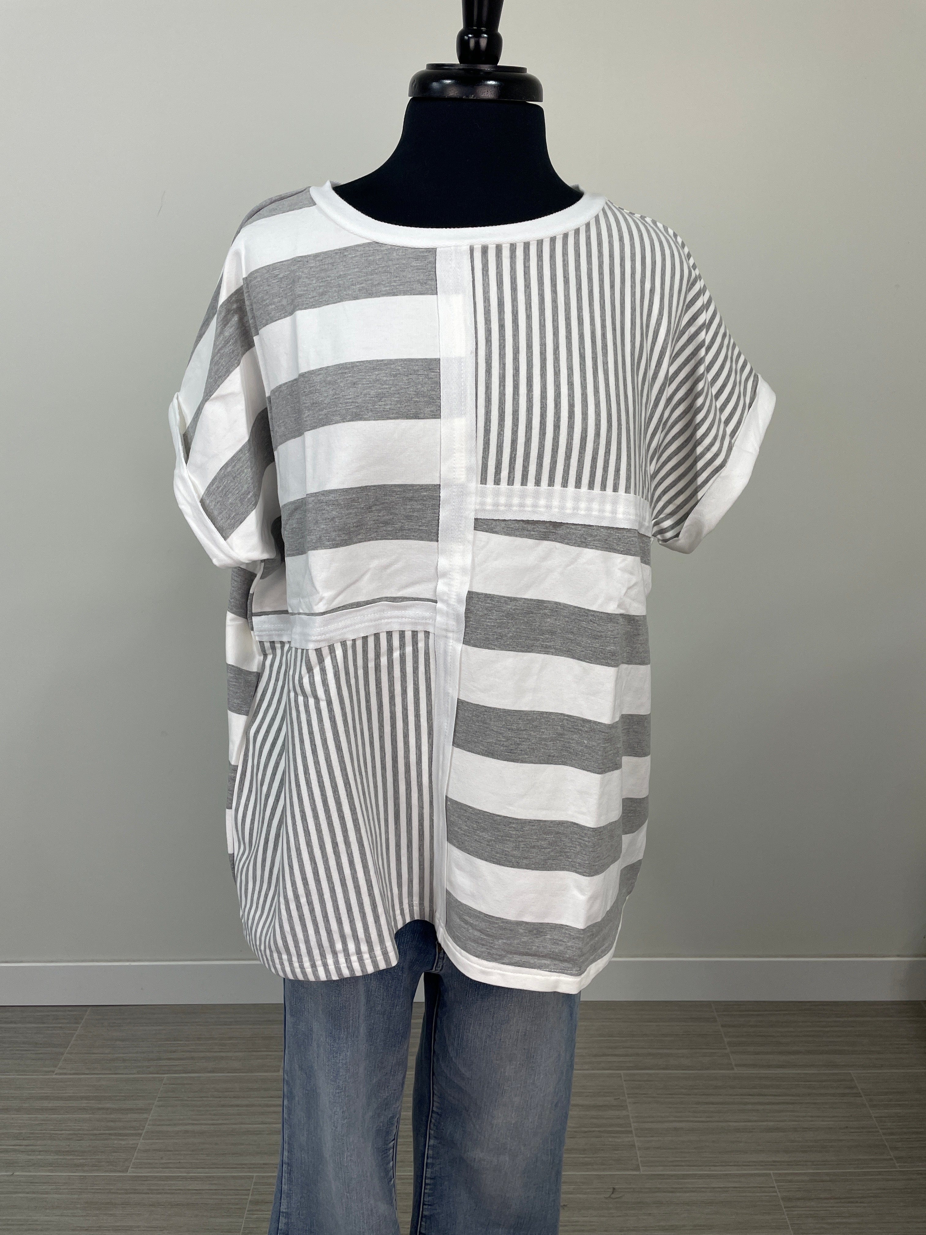 Grey Mixed Striped Oversized Top