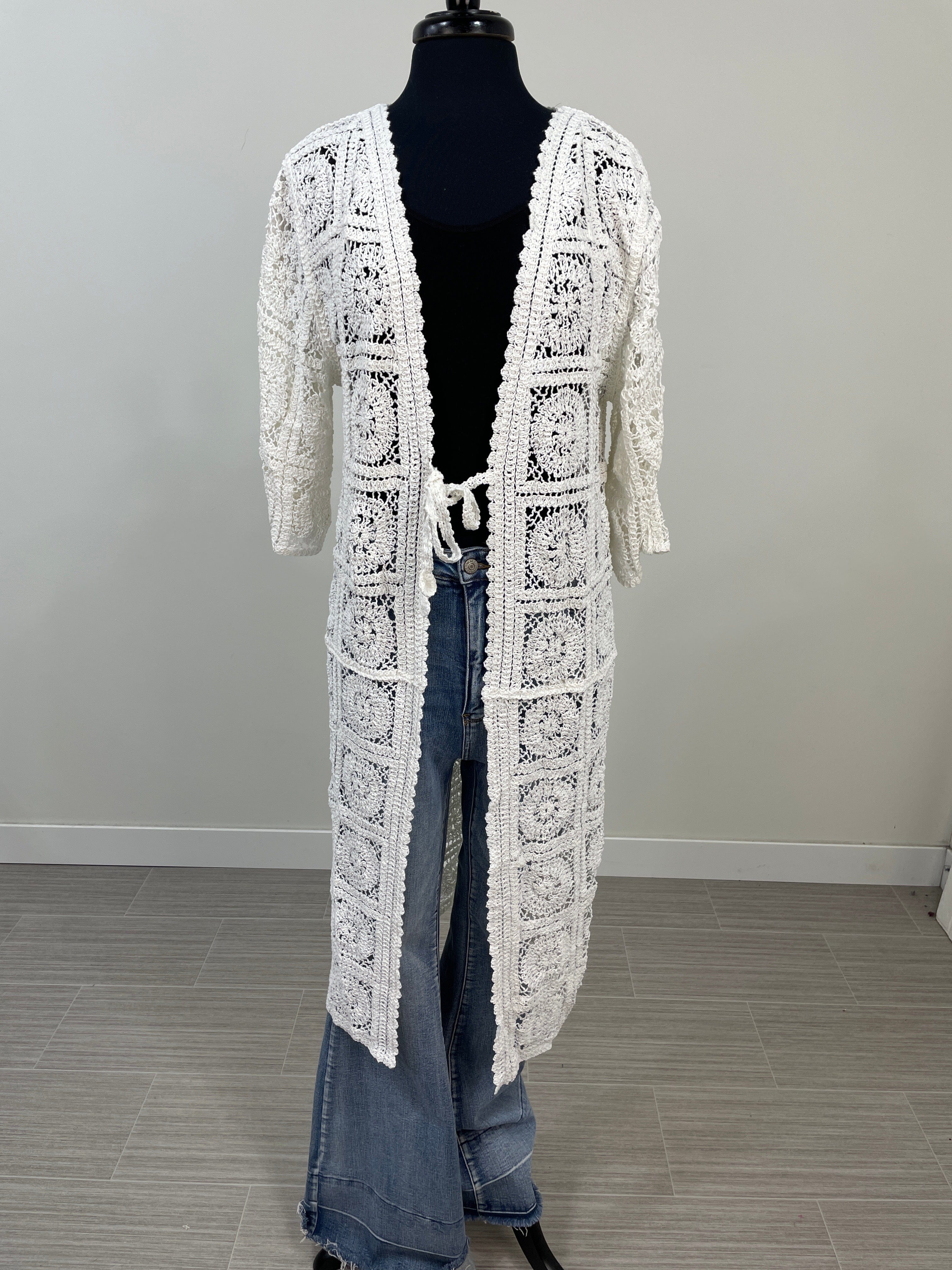 Long White Crochet Tie Front Cardigan