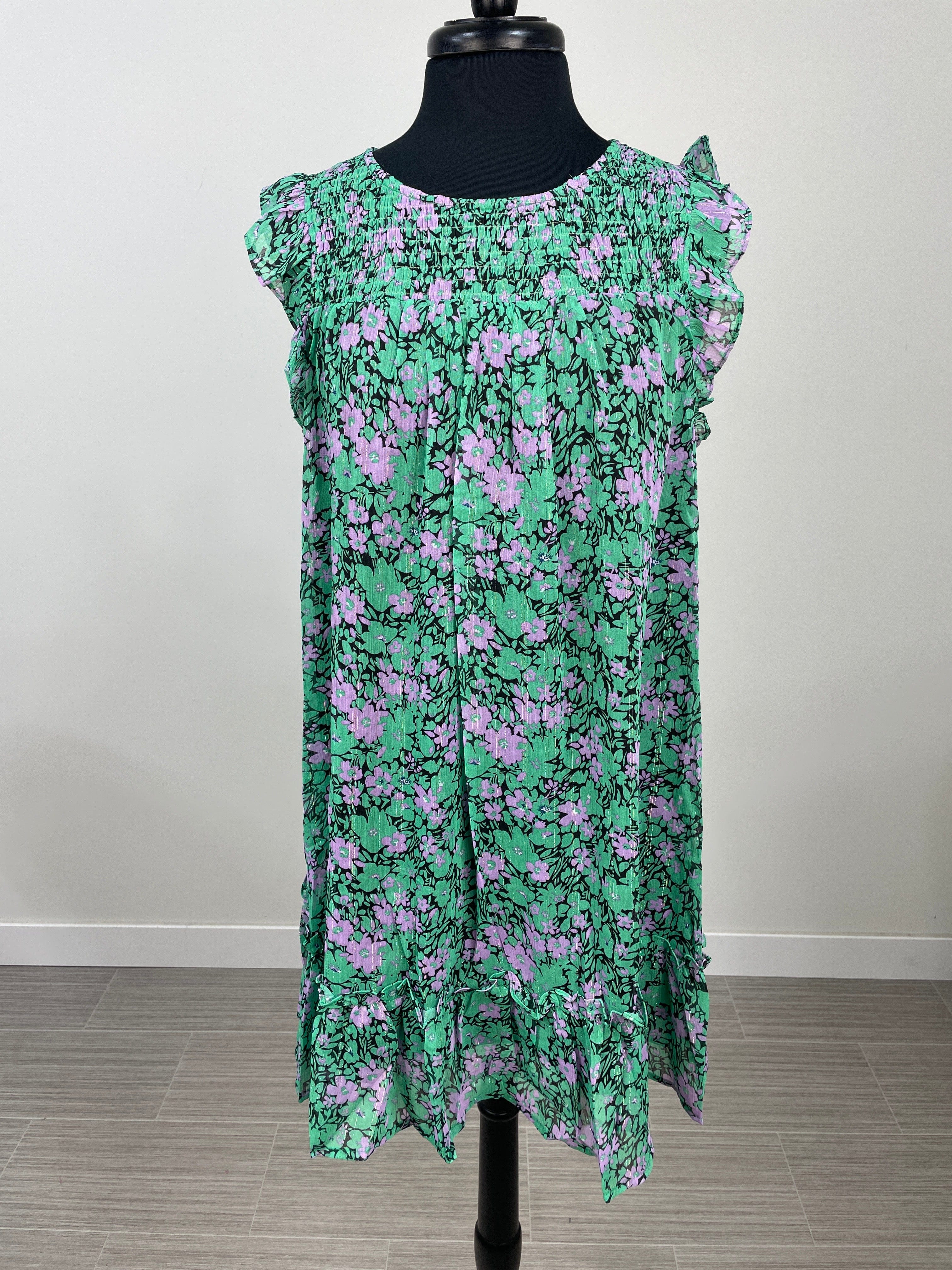 Teal Floral Metallic Detail with Ruffle Sleeve Dress