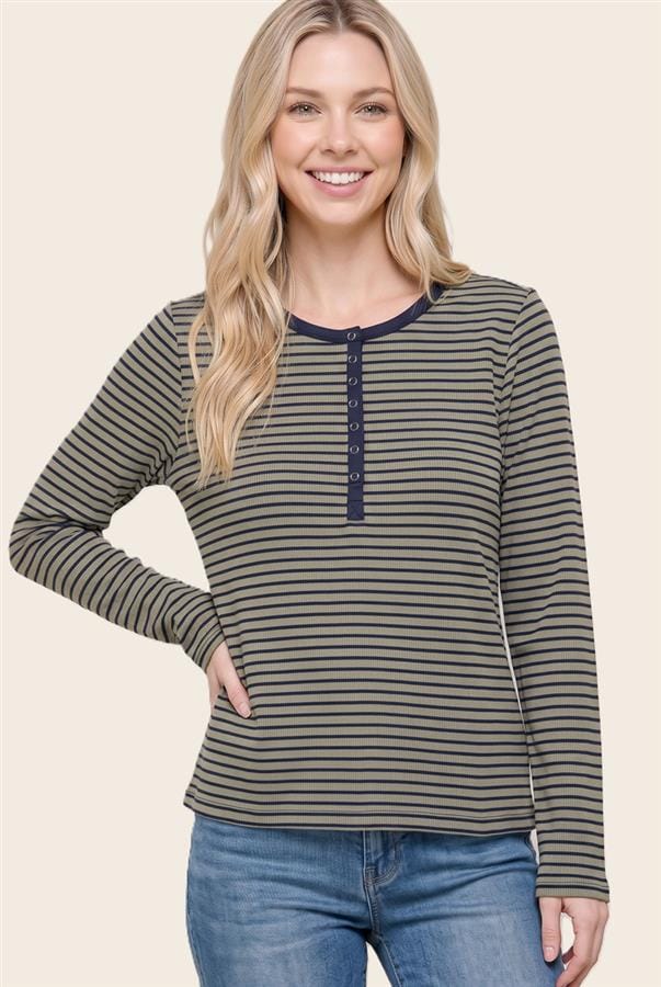 Olive Ribbbed Stripe 1/2 Snap Button Top