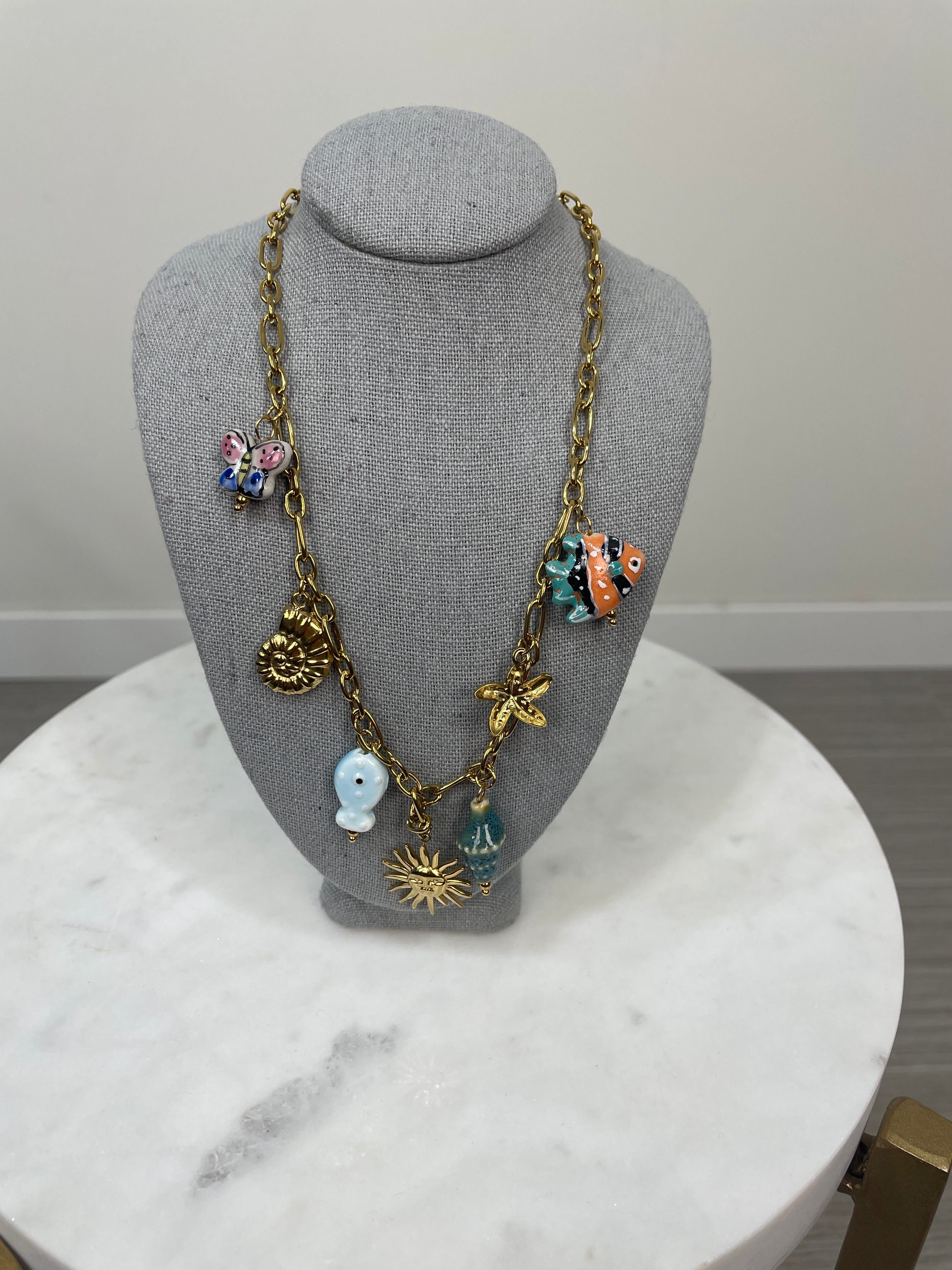 Gold & Blue Sea Charm Necklace