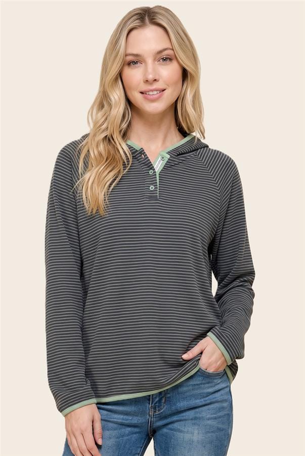 Sage Striped Contrast Trim Hoodie