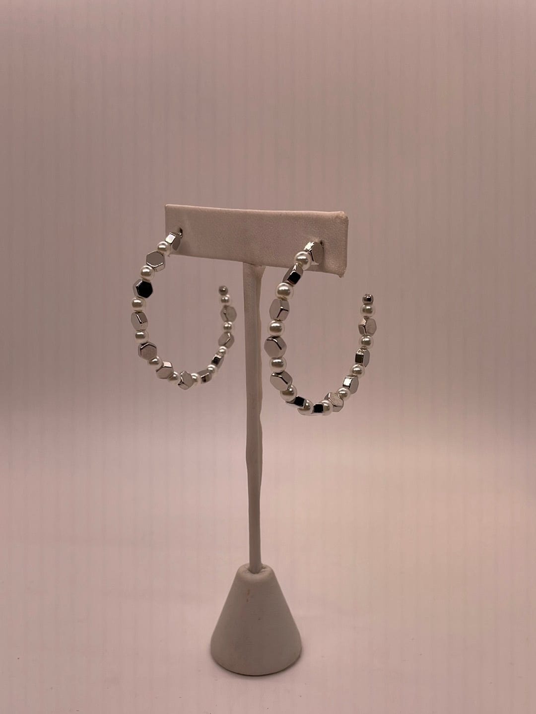 Silver & Pearl Hexagon Hoop Earring