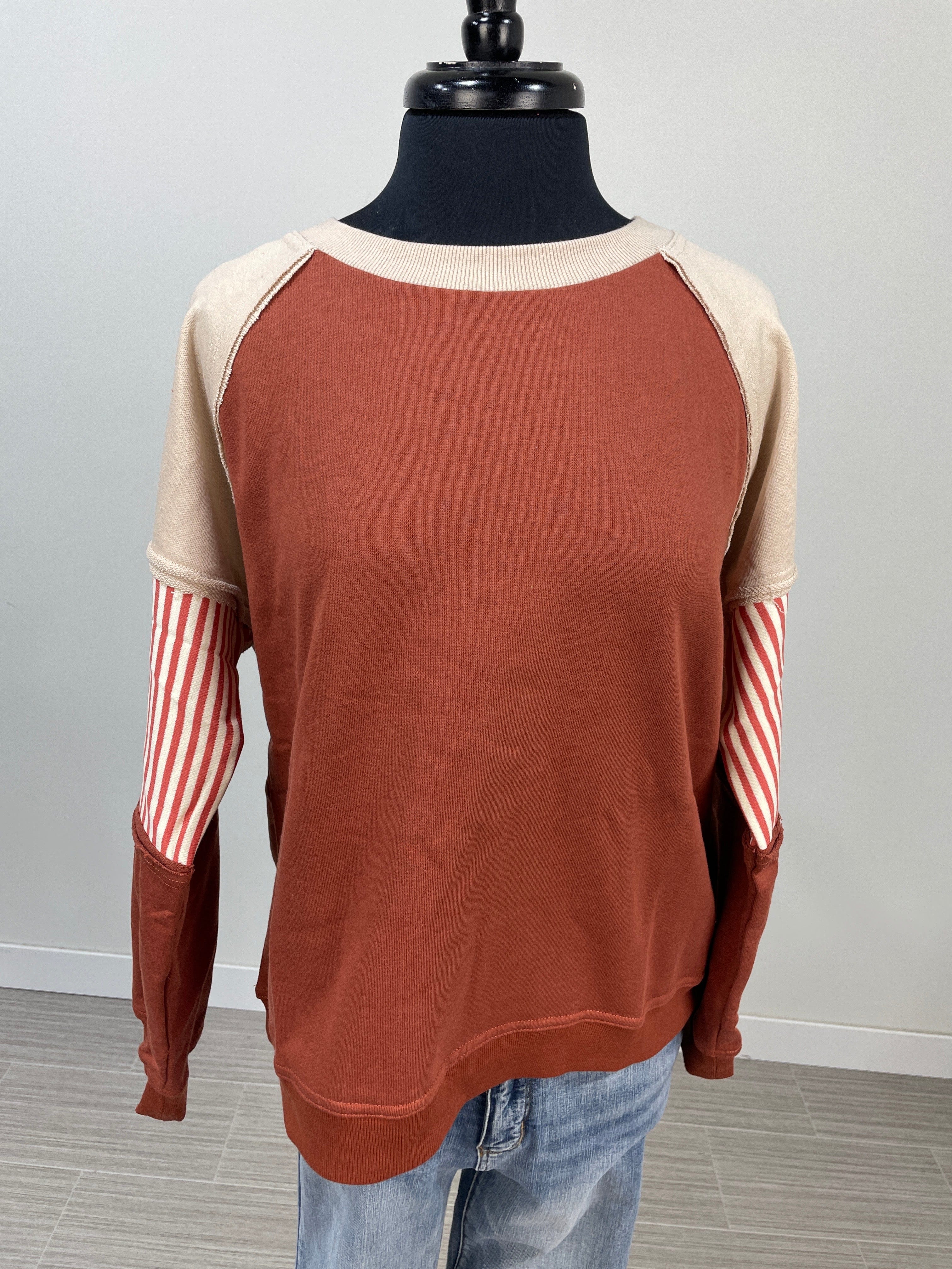 Rust Stripe Colorblock Terry Top