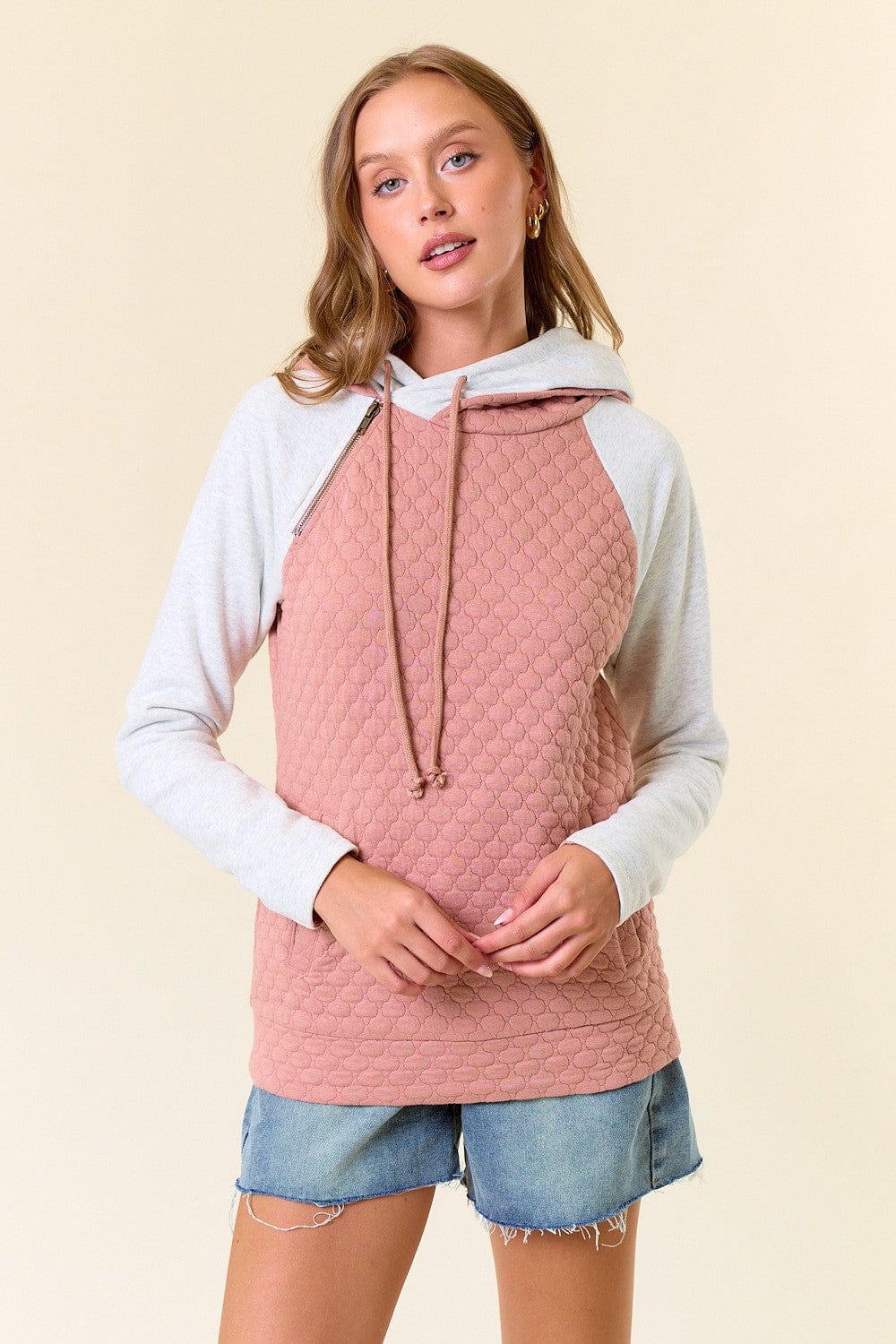 Dusty Rose Quilted Layered Hood Sweatshirt