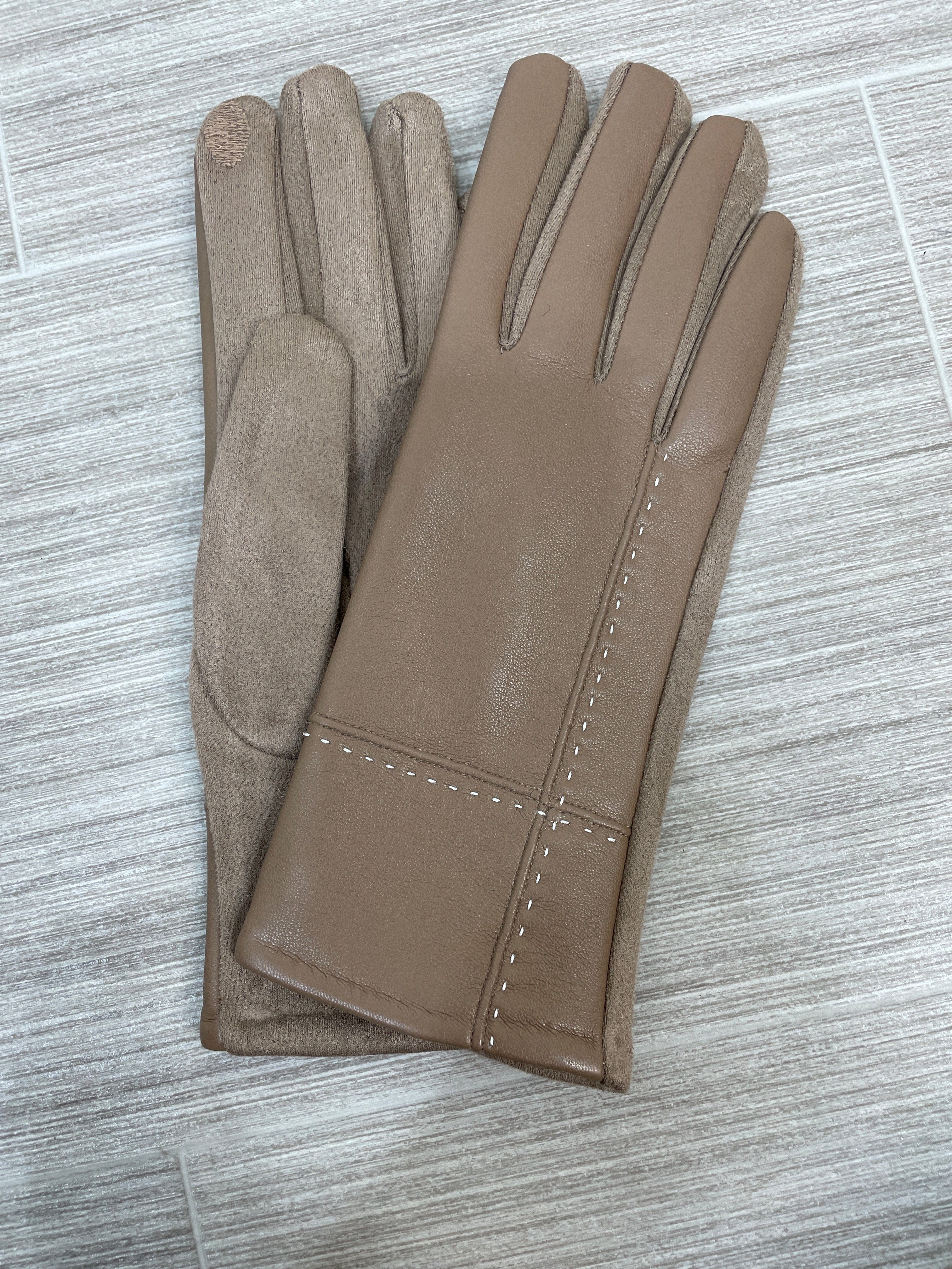 Khaki Faux Leather Stitch Gloves