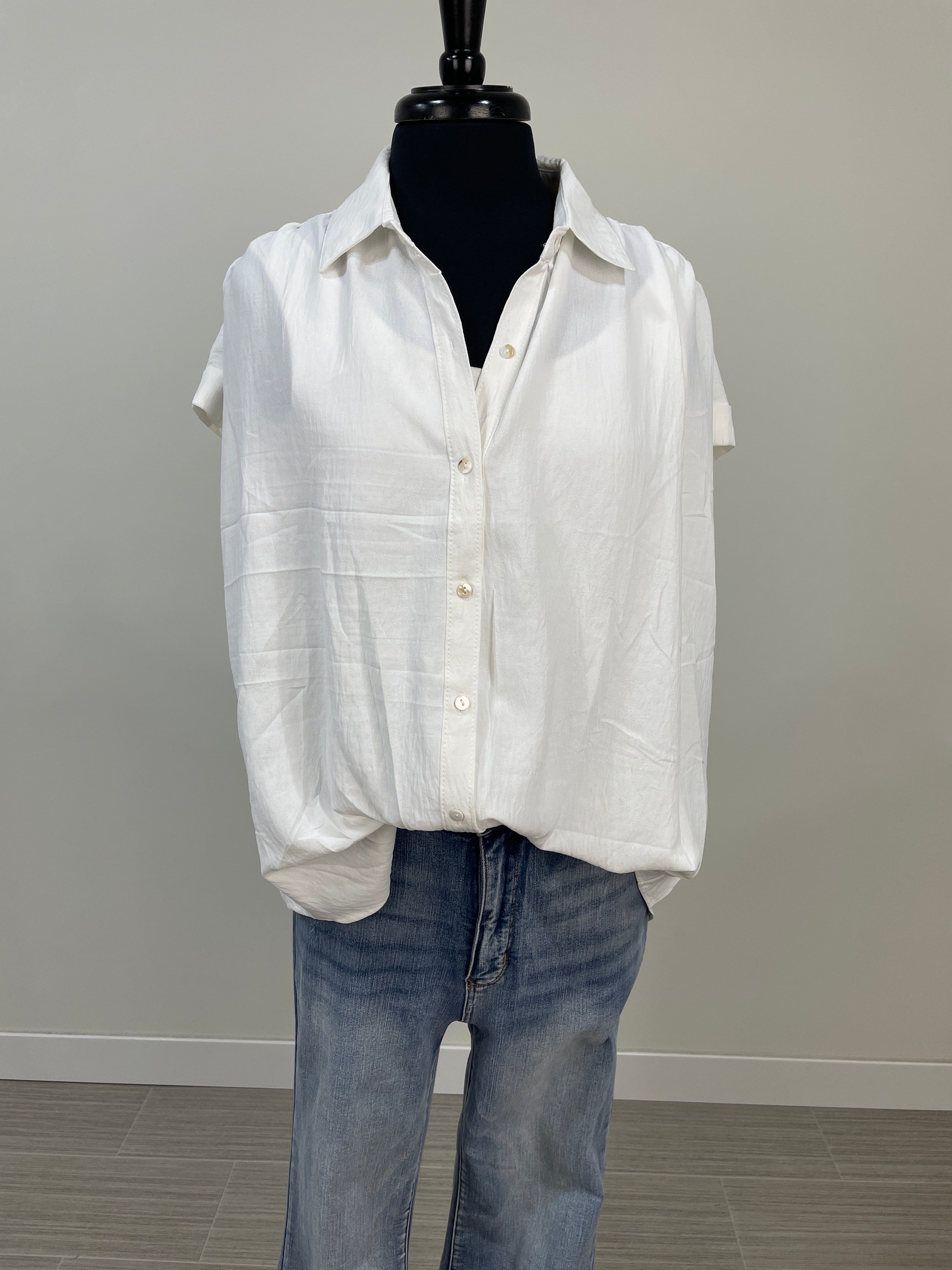 White Cuffed Sleeve Button Top