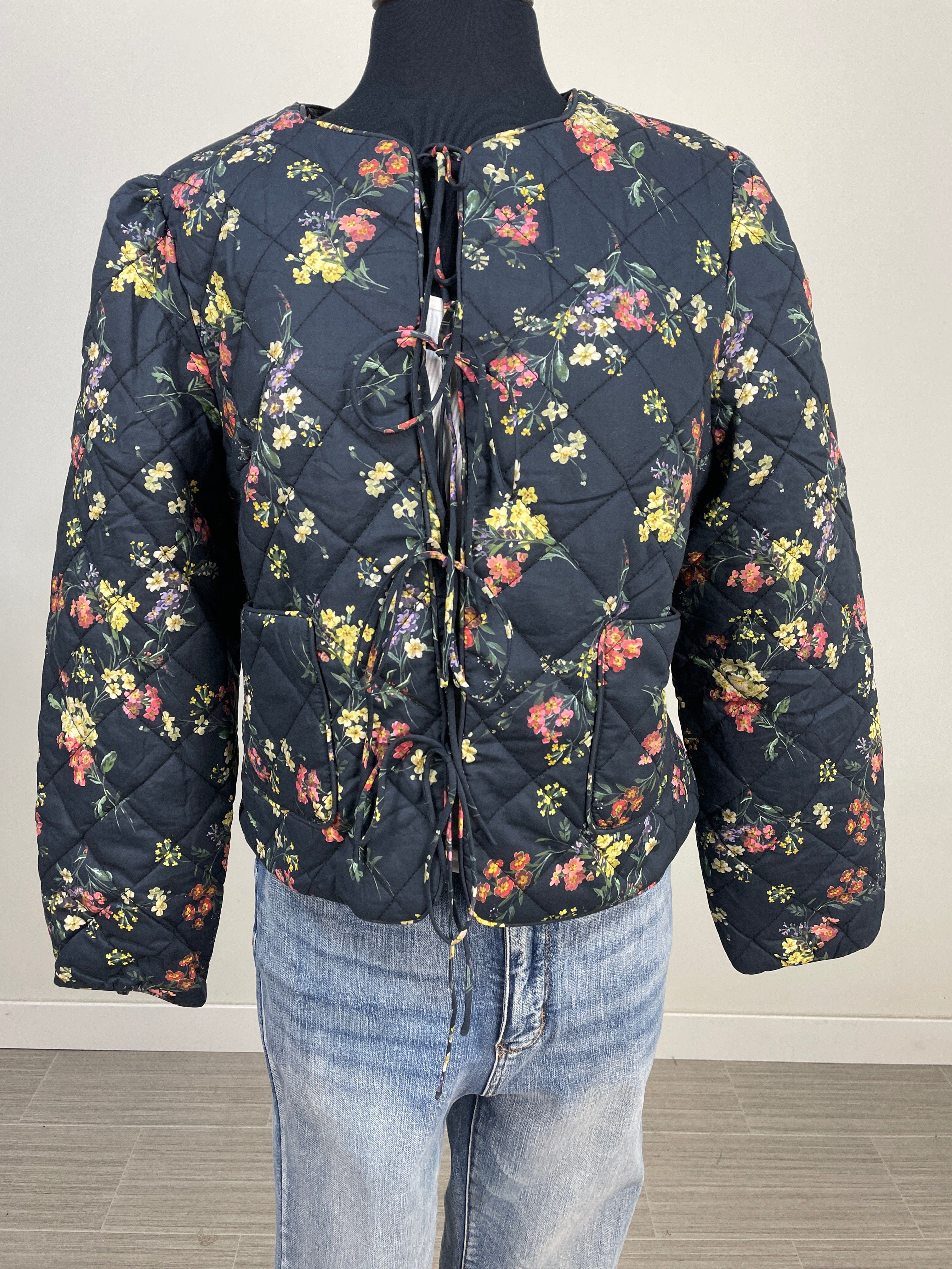 Black Floral Tie Quilted Jacket