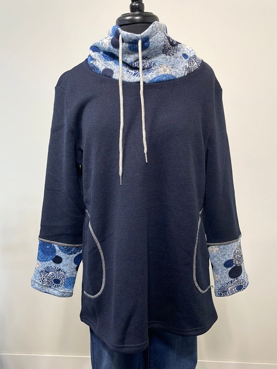 Navy with Patterned Cowl Neck Pullover