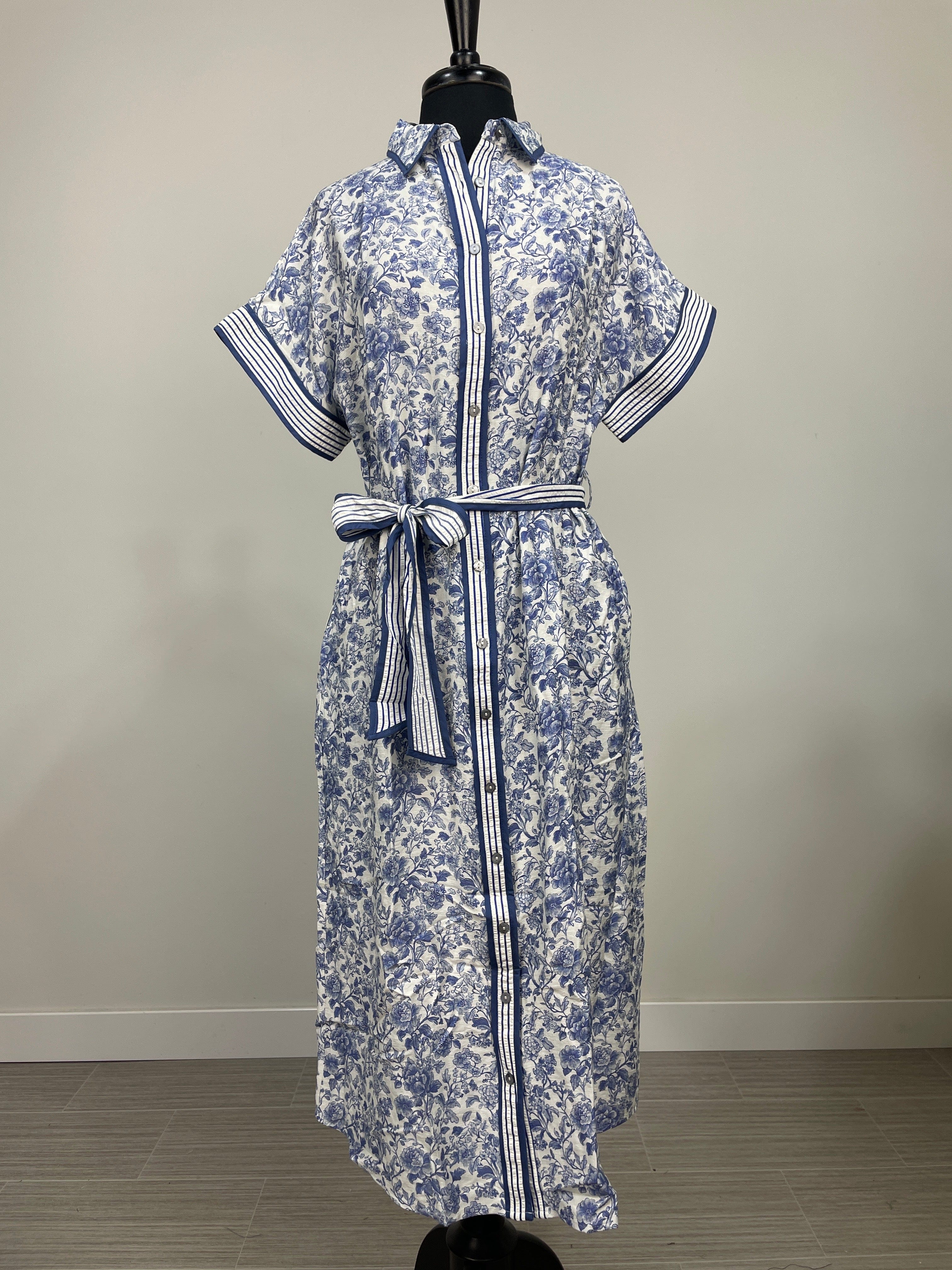 Blue Vintage Floral Midi Shirt Dress