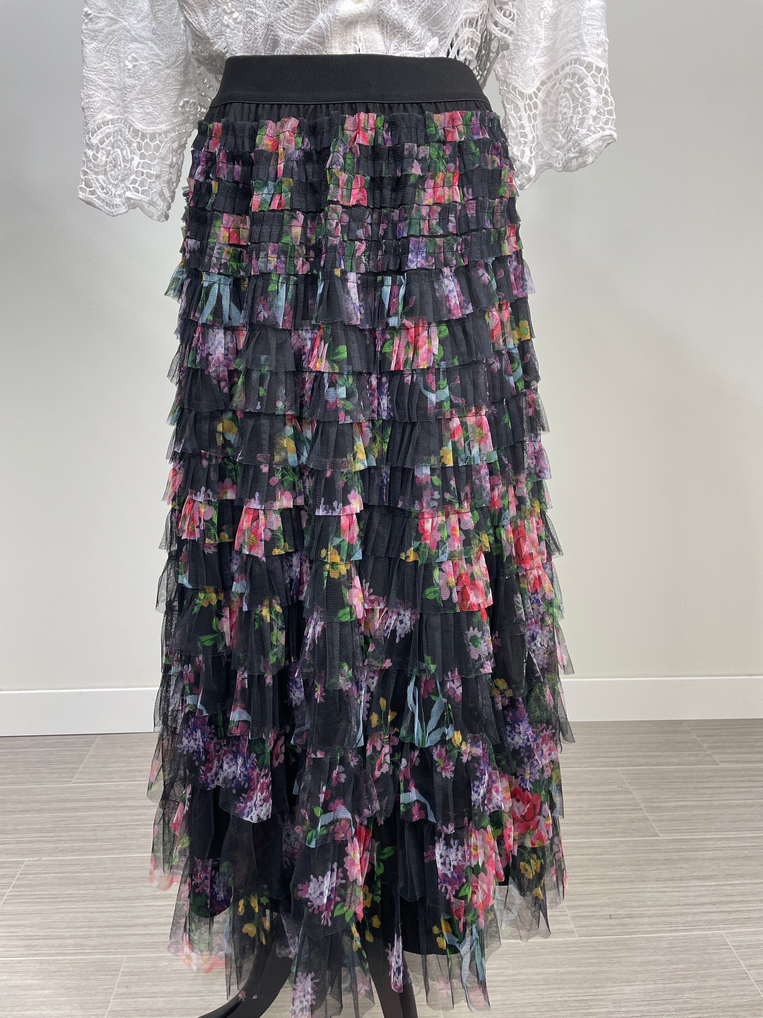 Black Tiered Floral Mesh Skirt