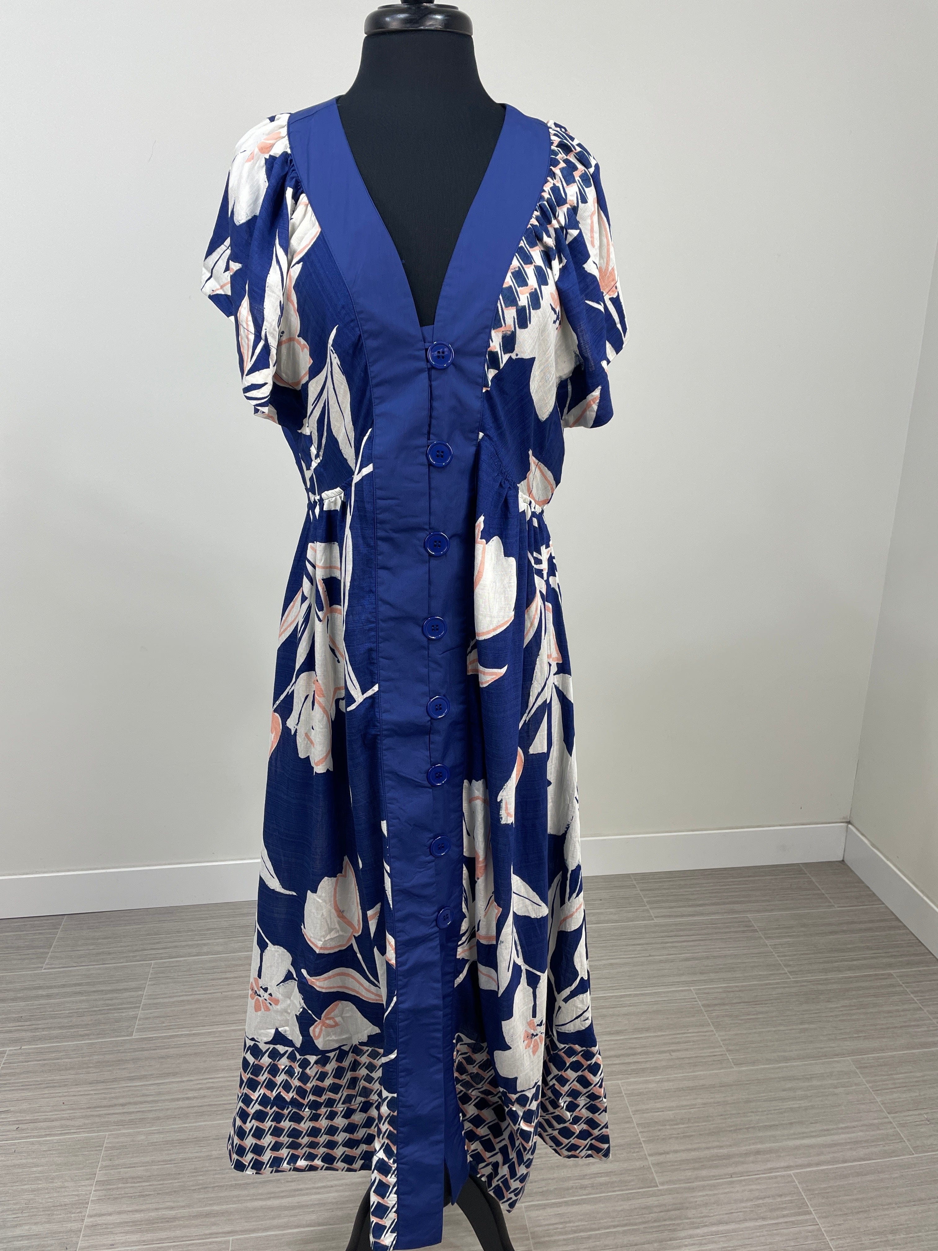 Navy Floral Print V-Neck Button Down Midi Dress
