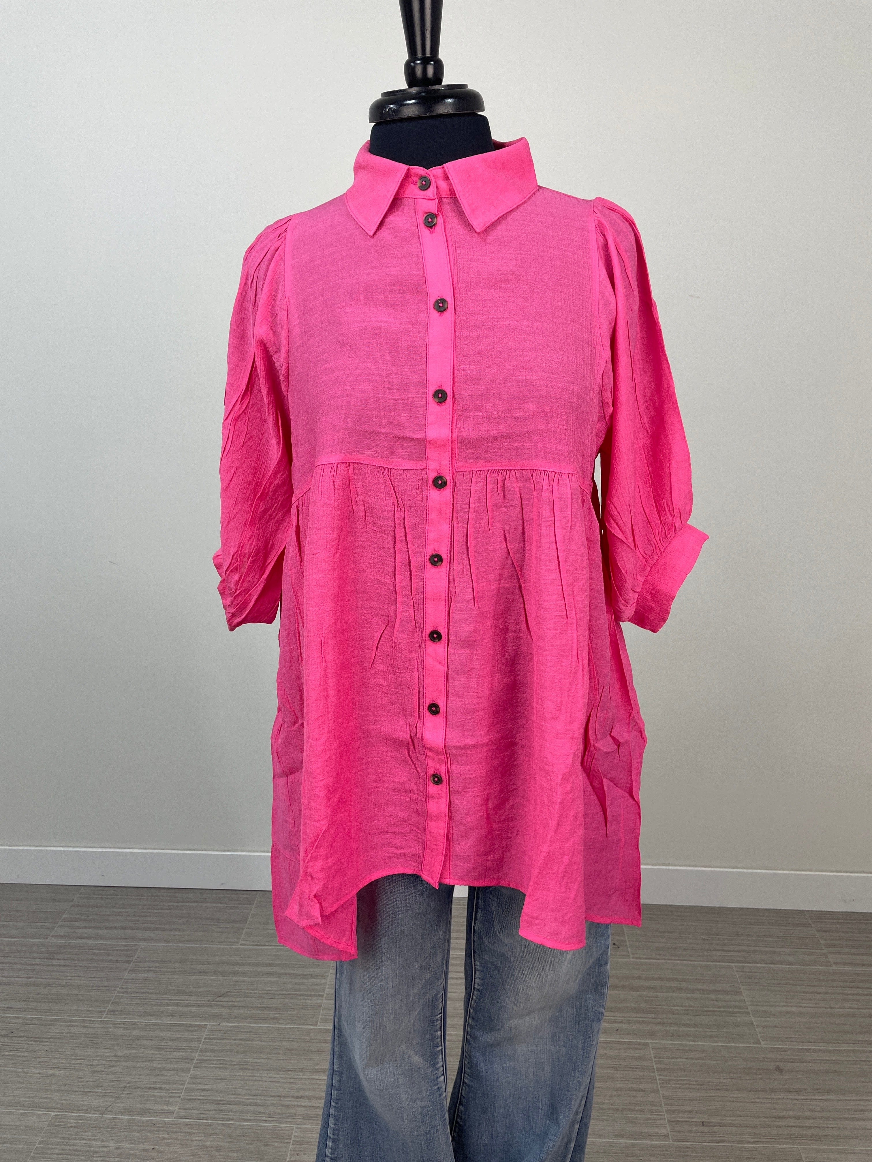 Fuchsia Tiered Back Button Up Tunic