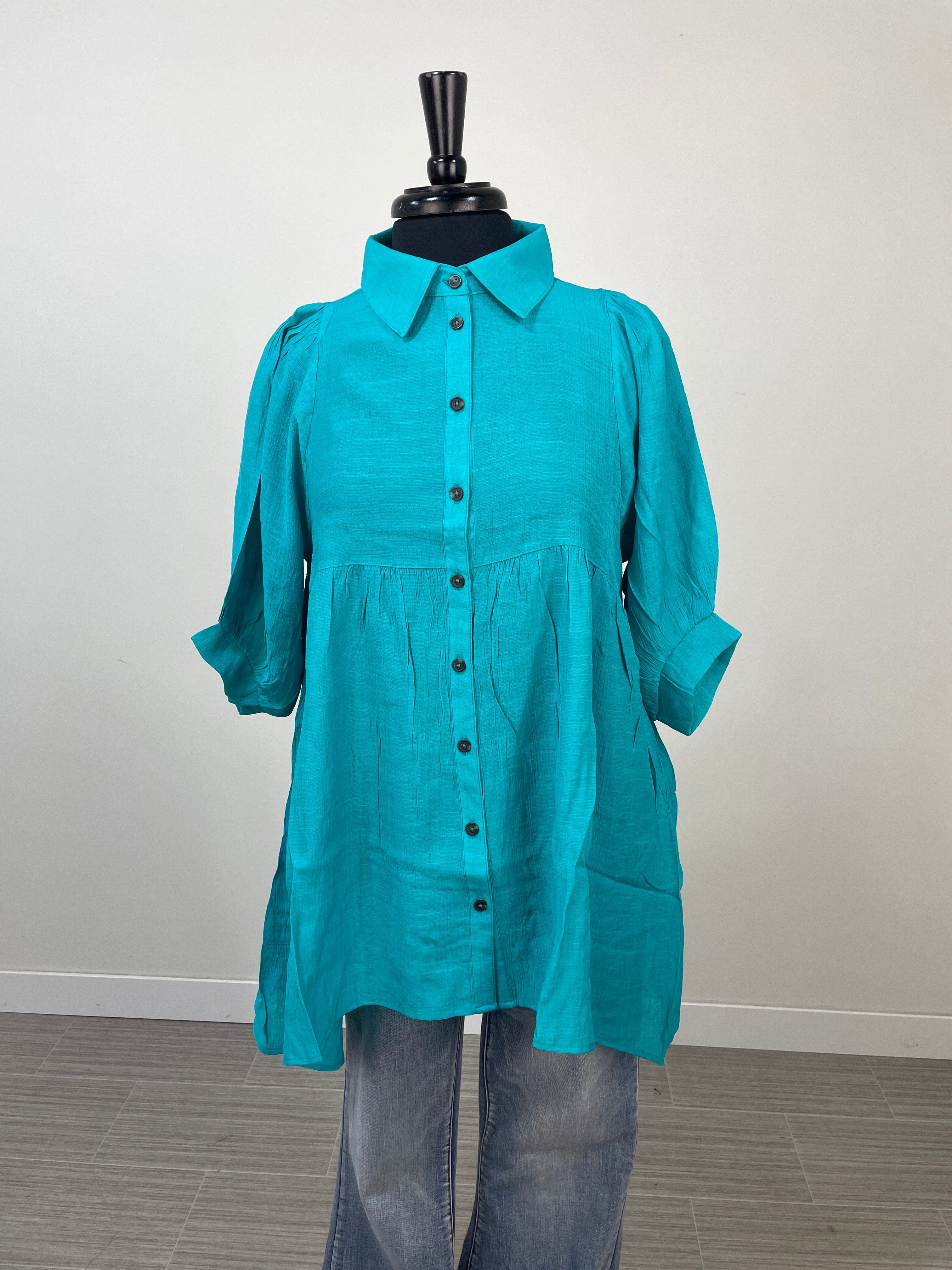 Light Teal Tiered Back Button Up Tunic