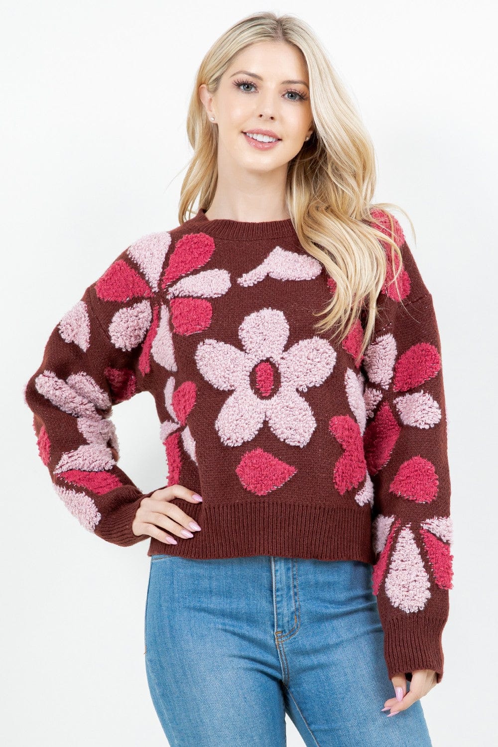 Berry Fuzzy Floral Pop Sweater