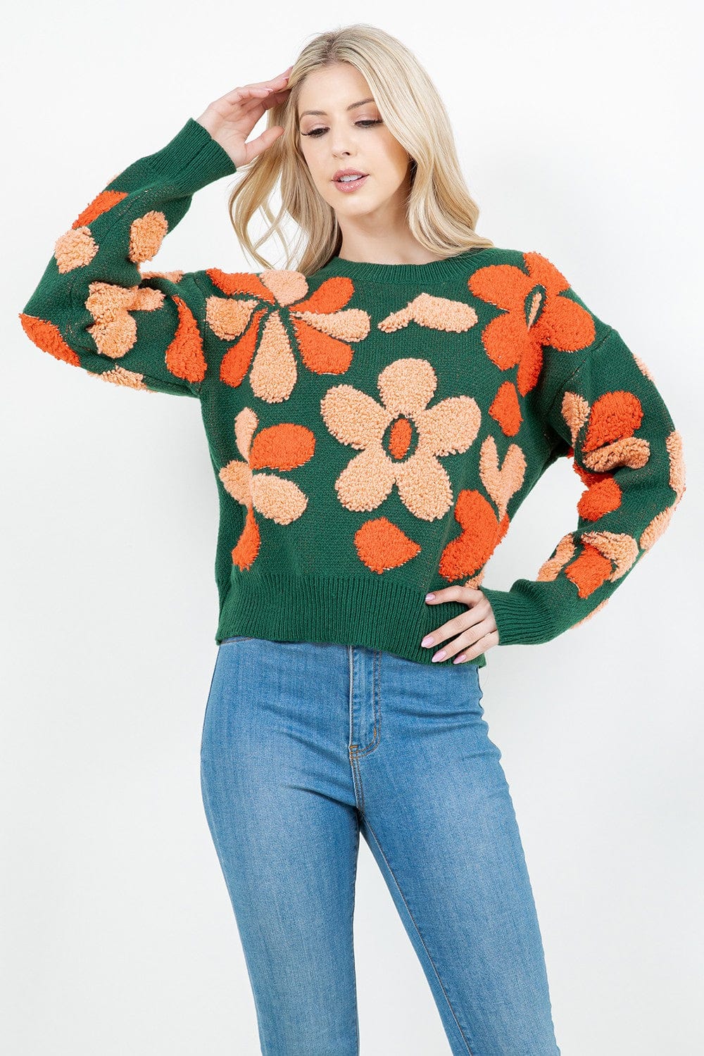 Green Fuzzy Floral Pop Sweater