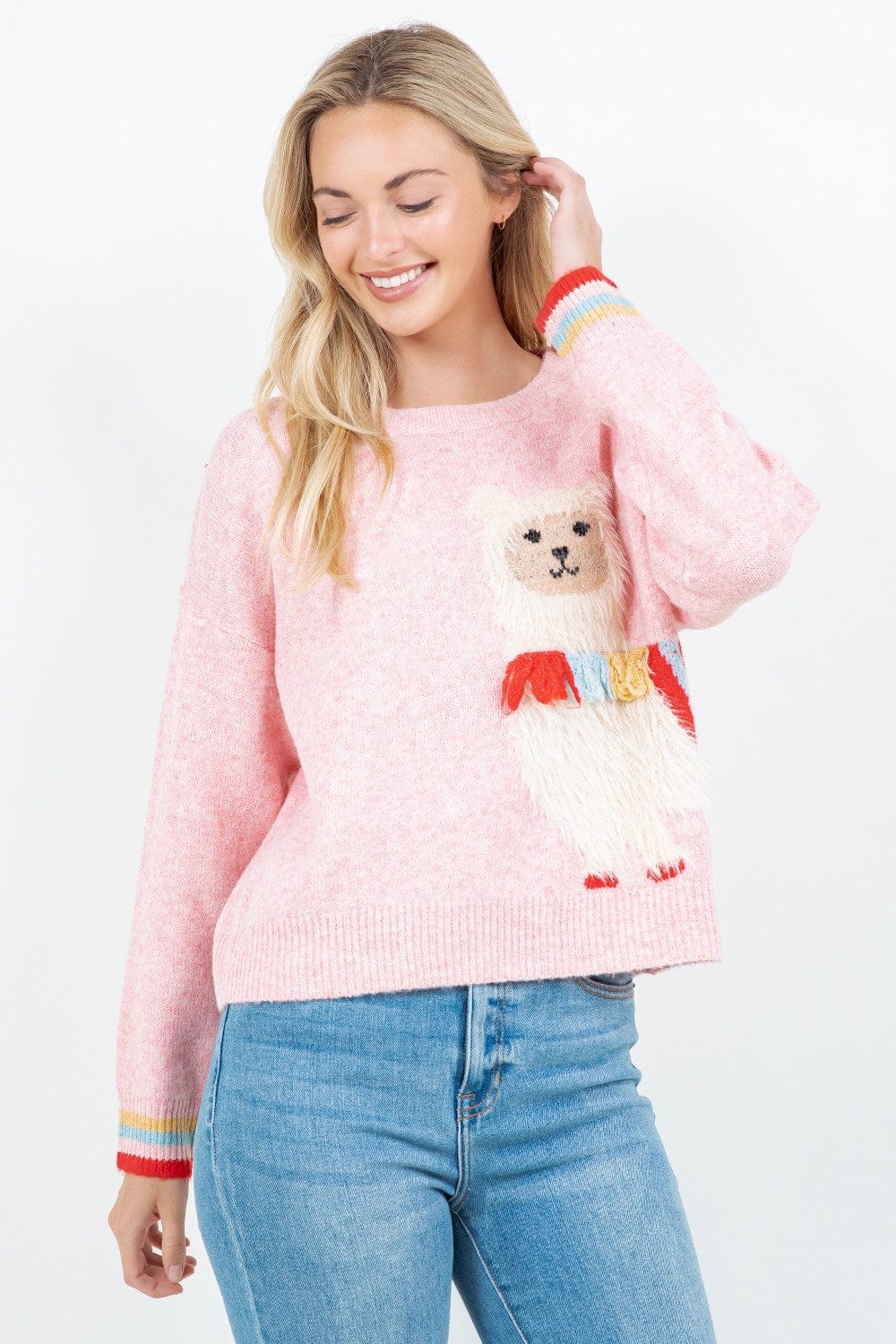 Pink Fuzzy Llama Knit Sweater