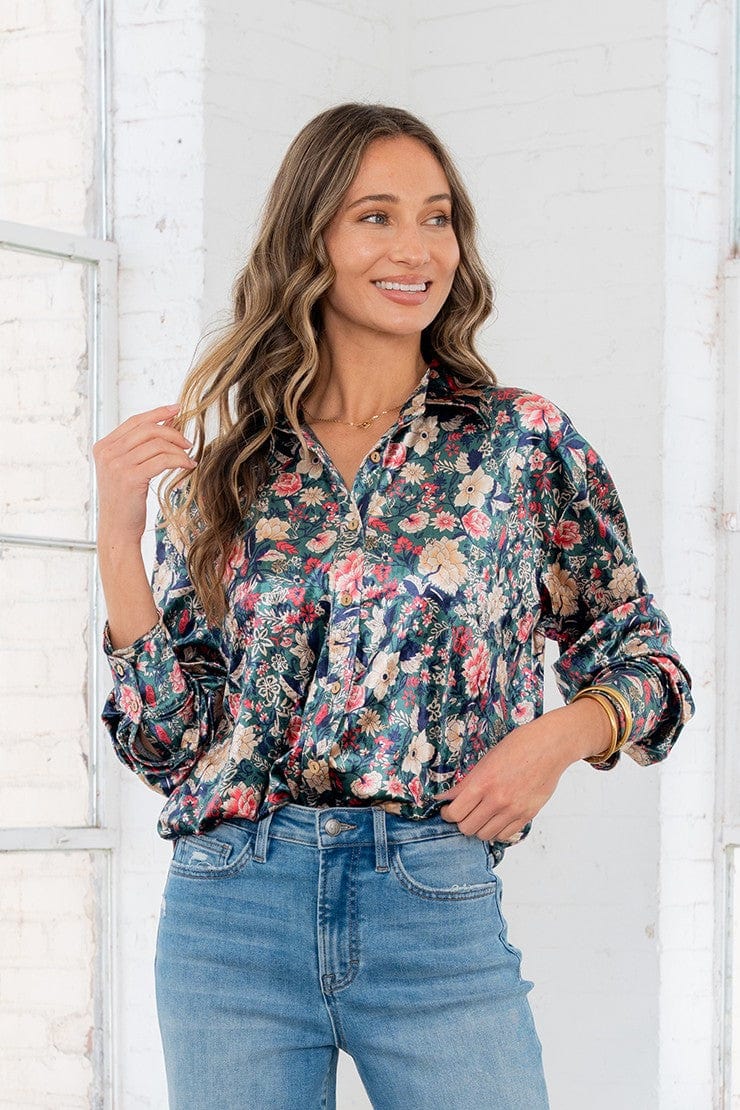 Green & Red Floral Satin Blouse