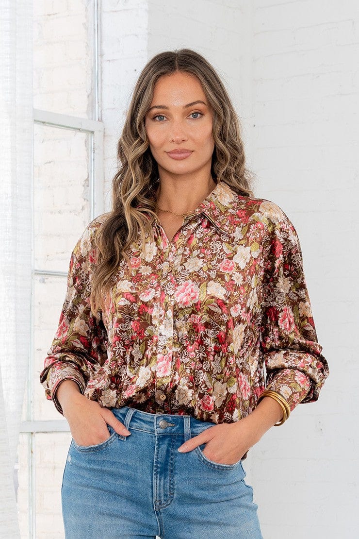 Brown & Red Floral Satin Blouse