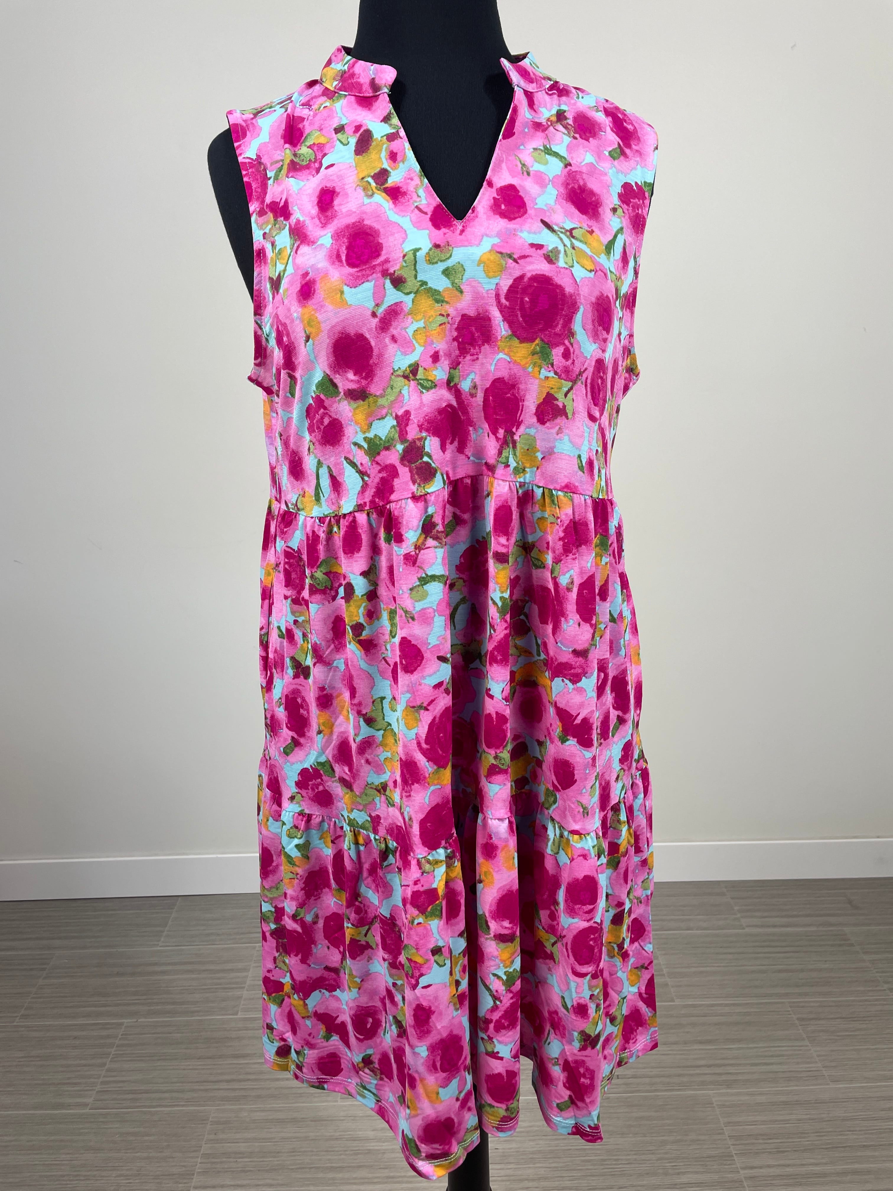 Aqua & Pink Floral Tiered Tank Dress