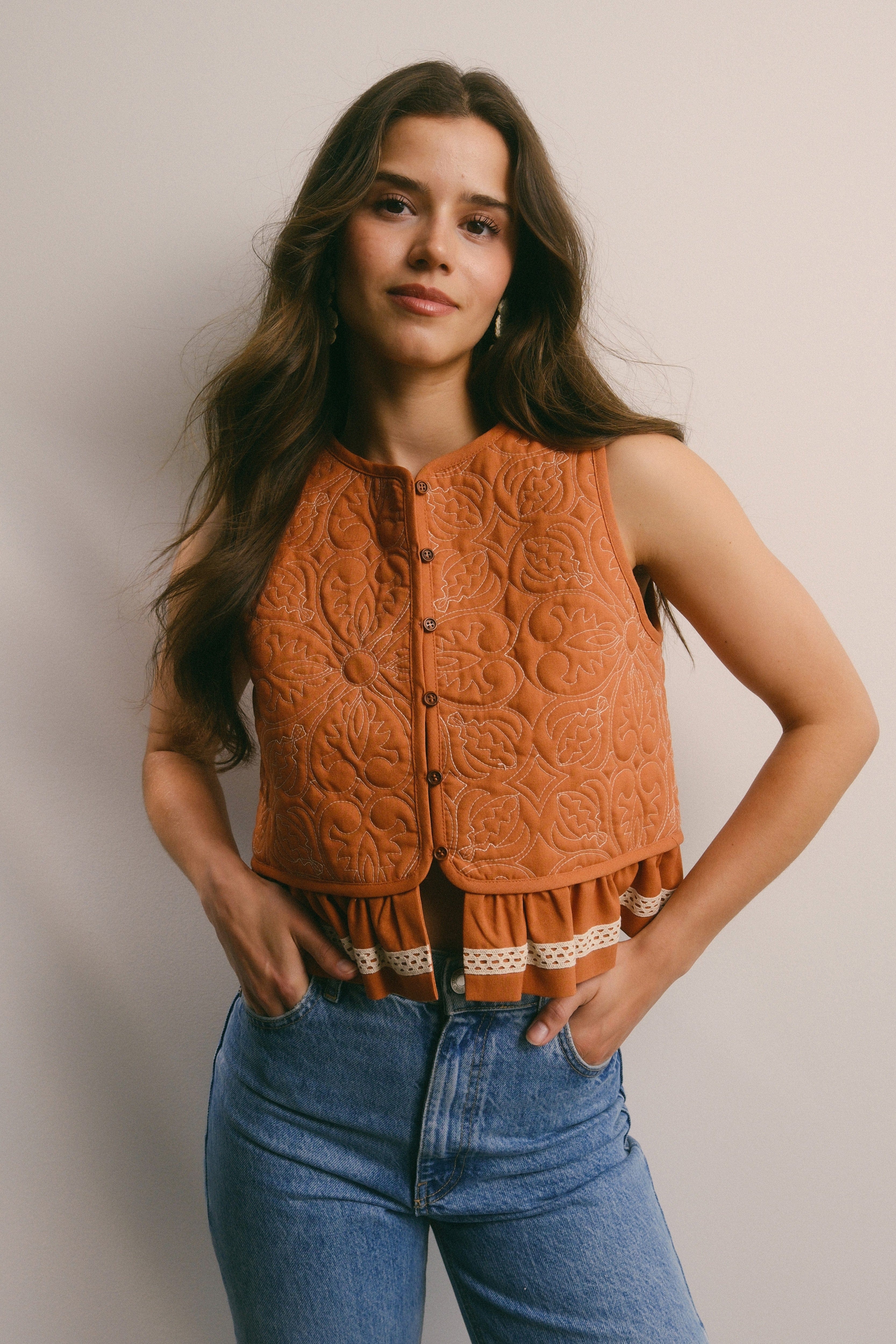 Terracotta Floral Embroidered Ruffle Trim Vest