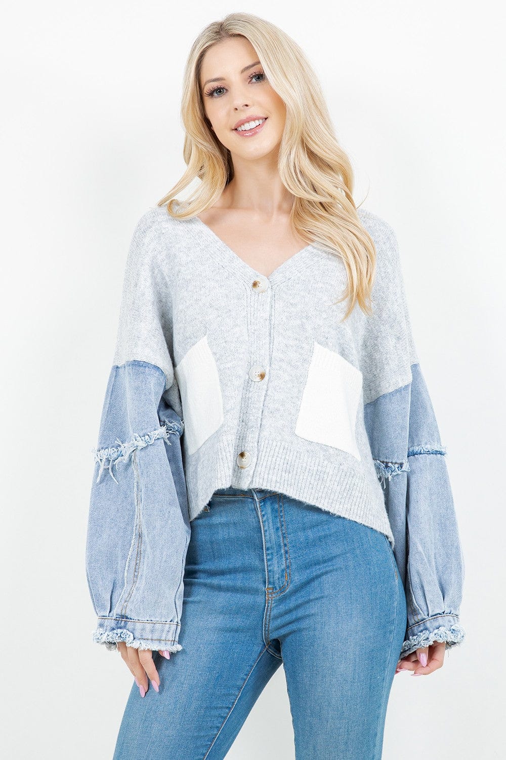 Grey Denim Sleeve Patch Cardigan