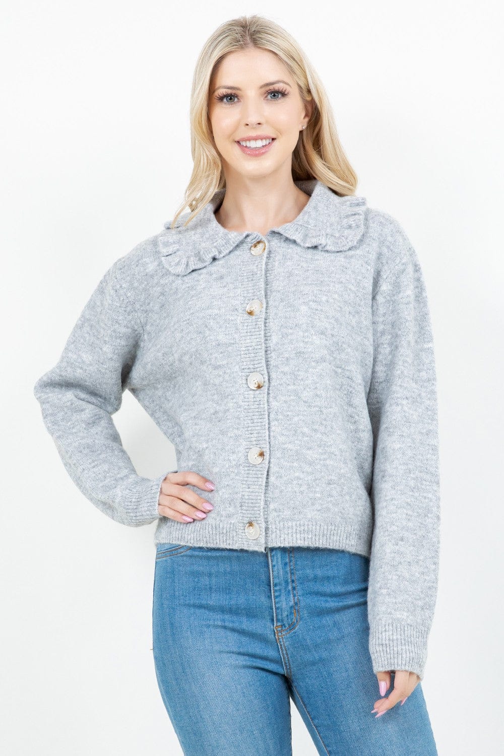 Grey Ruffle Collar Button Cardigan