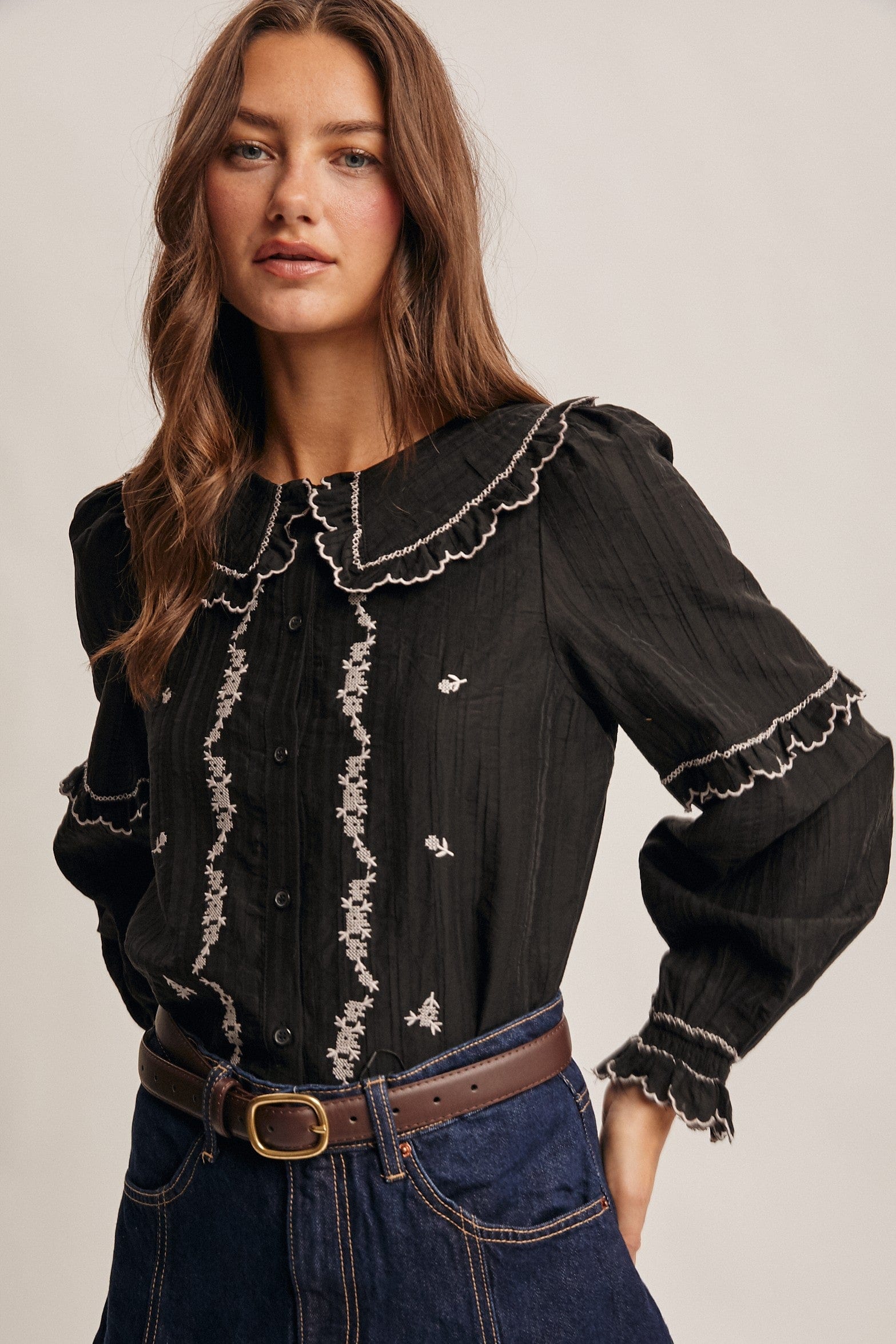 Black Contrast Embroidered Ruffle Collar Blouse