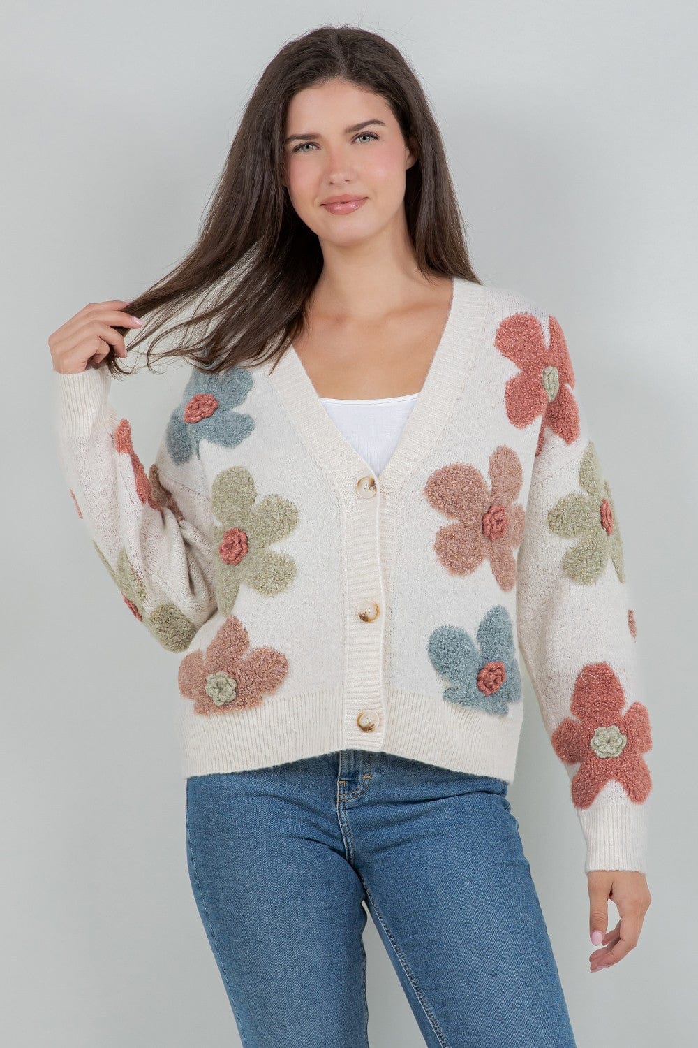 Oatmeal Floral Knit Cardigan