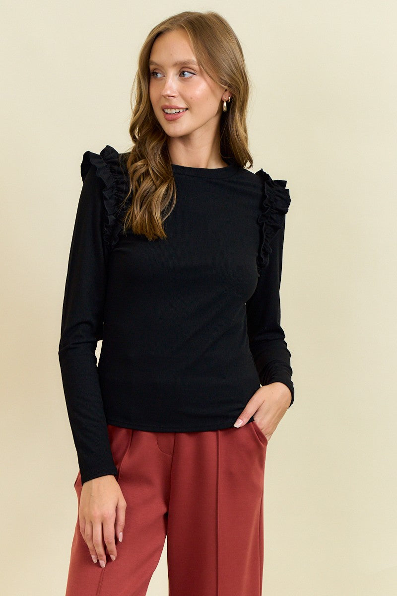 Black Ruffle Shoulder Knit Top
