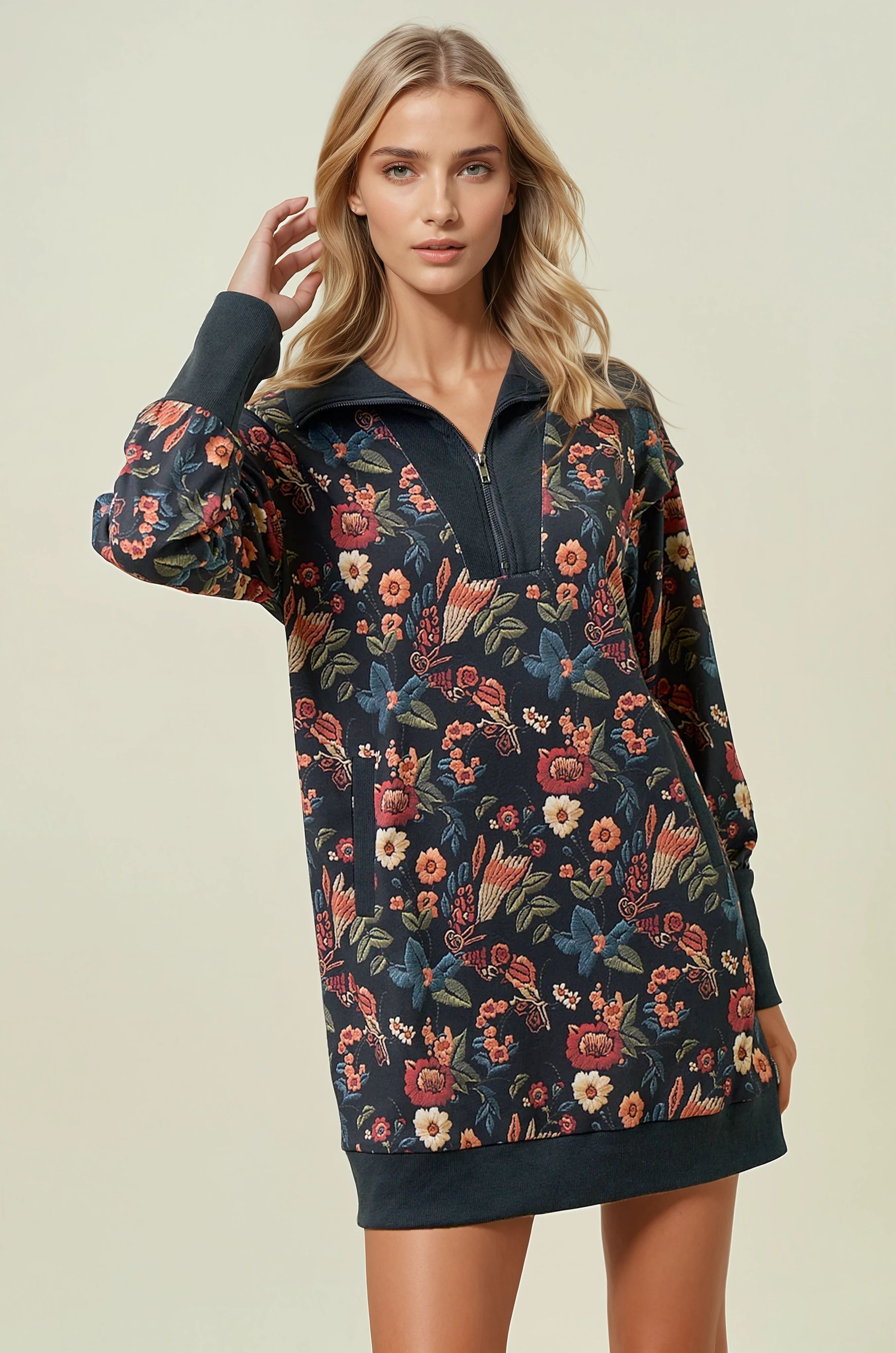 Black Floral Half Zip Sweatshirt Dress