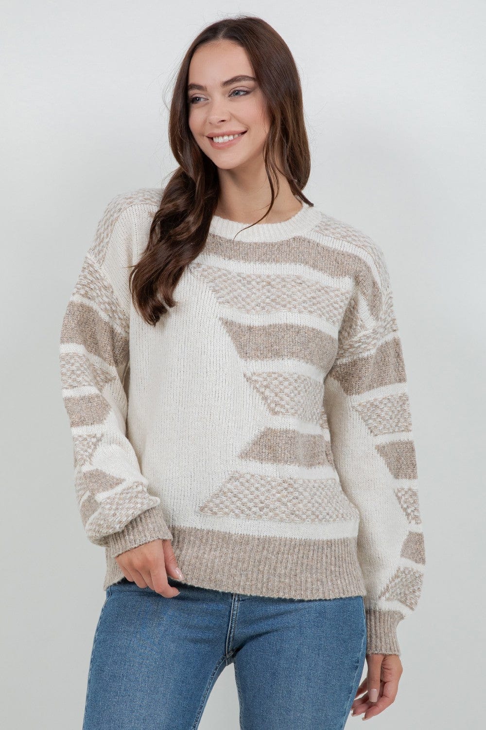 Taupe Chevron Texture Knit Sweater