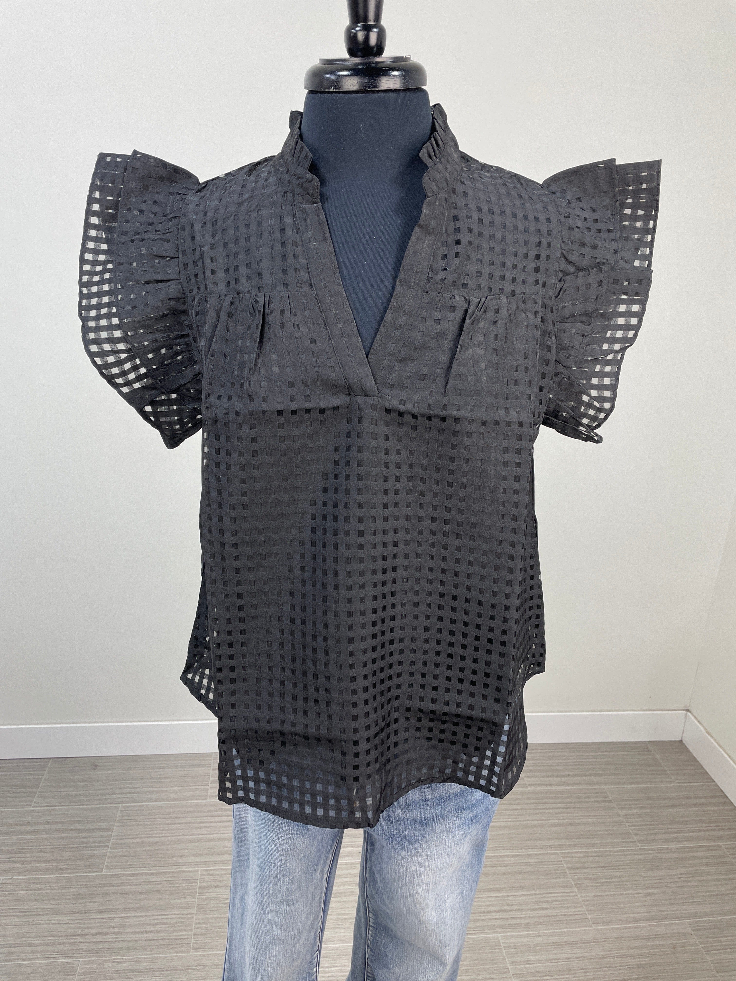 Black Check Detail Ruffle Sleeve Blouse