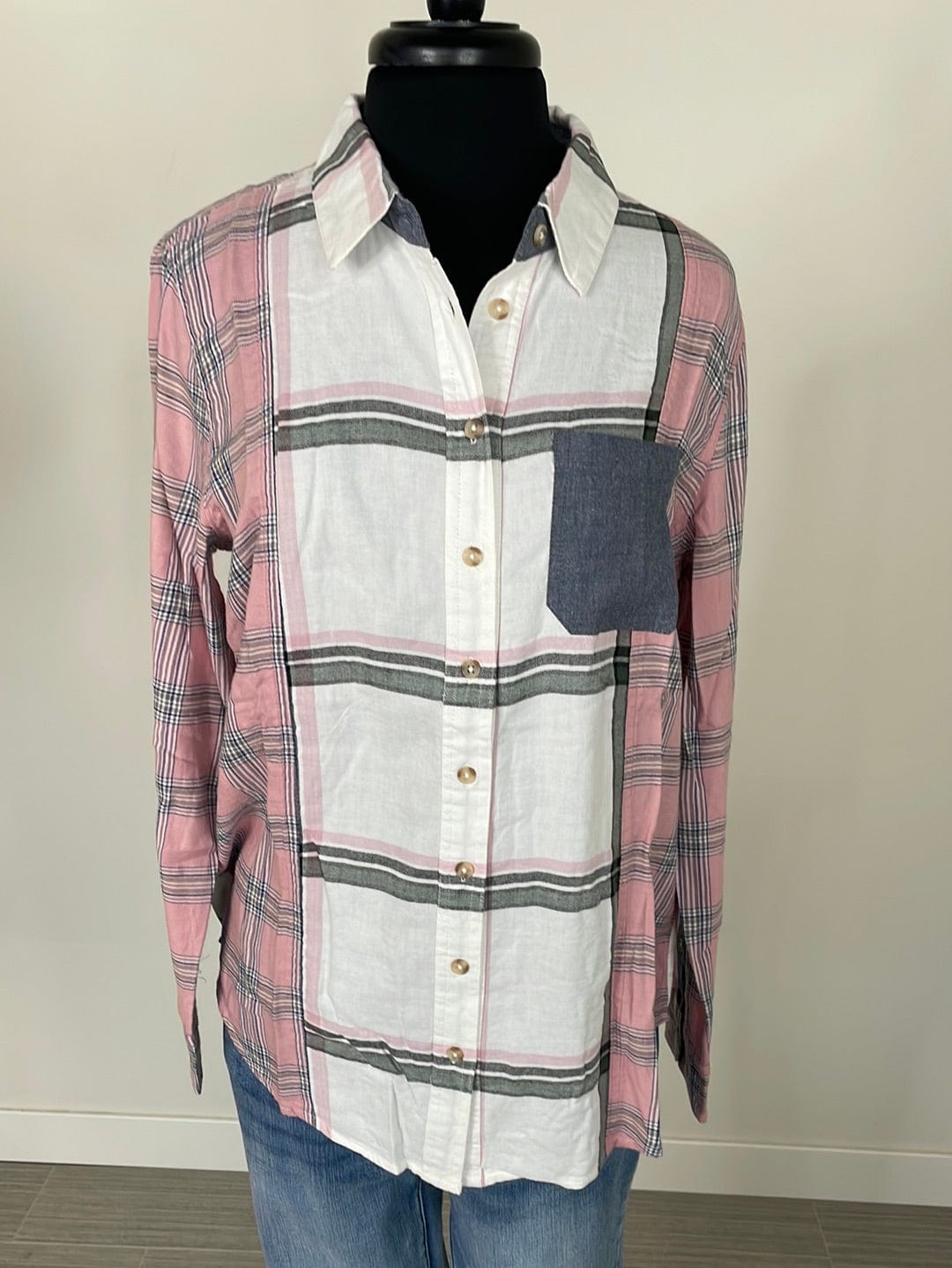 Tribal Pink & Grey Plaid Blouse