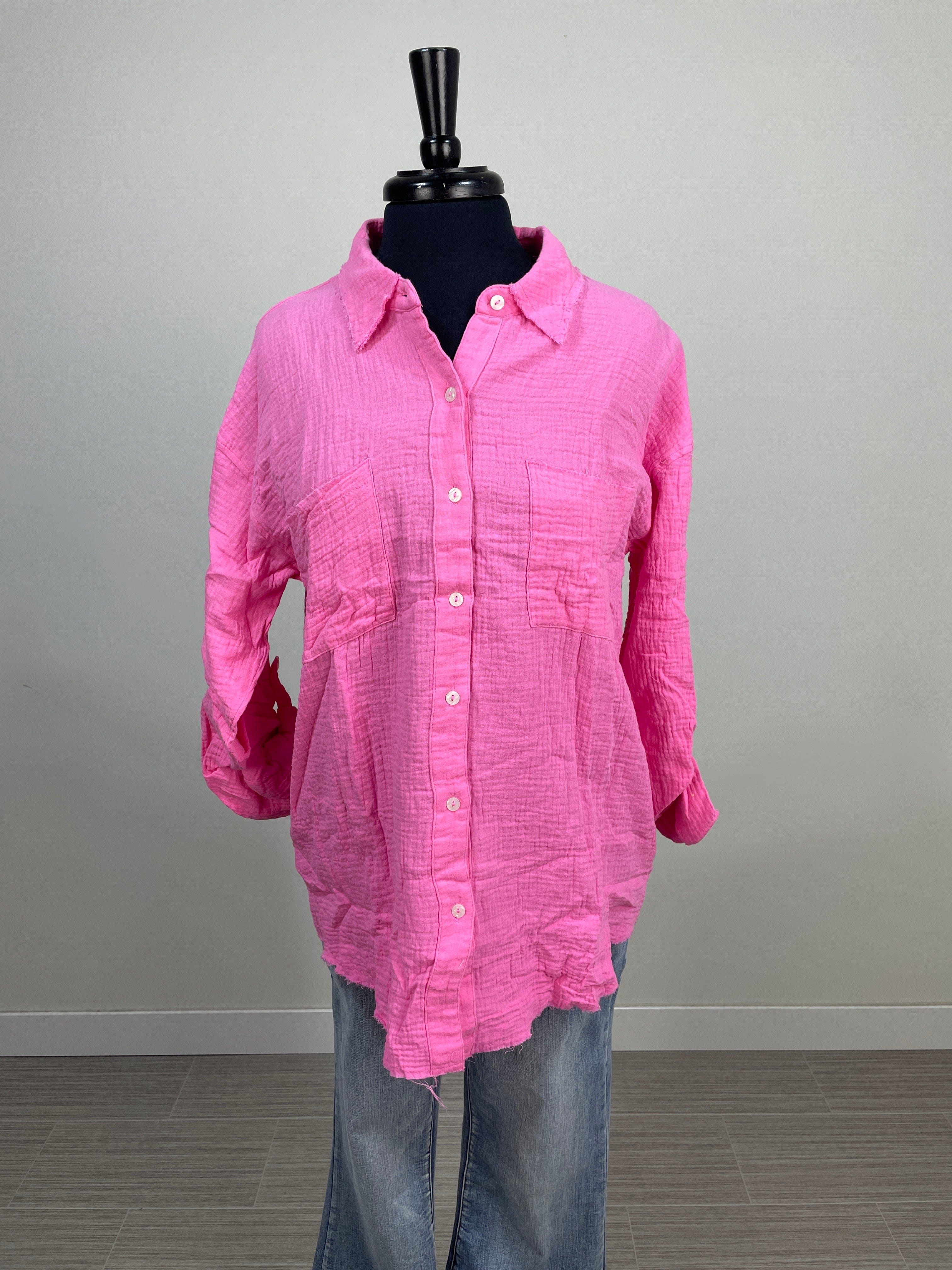 Candy Pink Fringe Hem Button Up Top