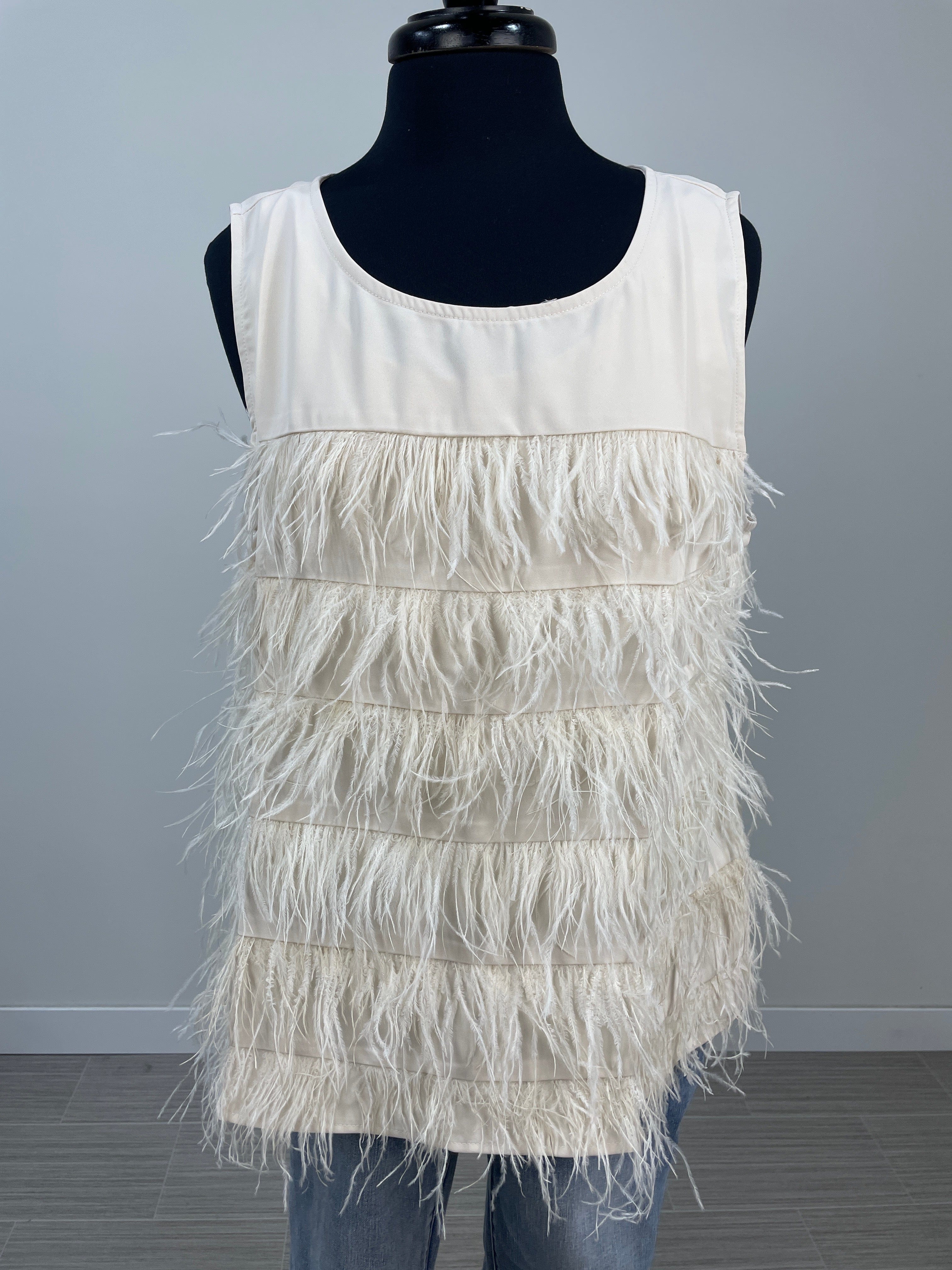 Cream Tiered Feather Detailed Tank Top