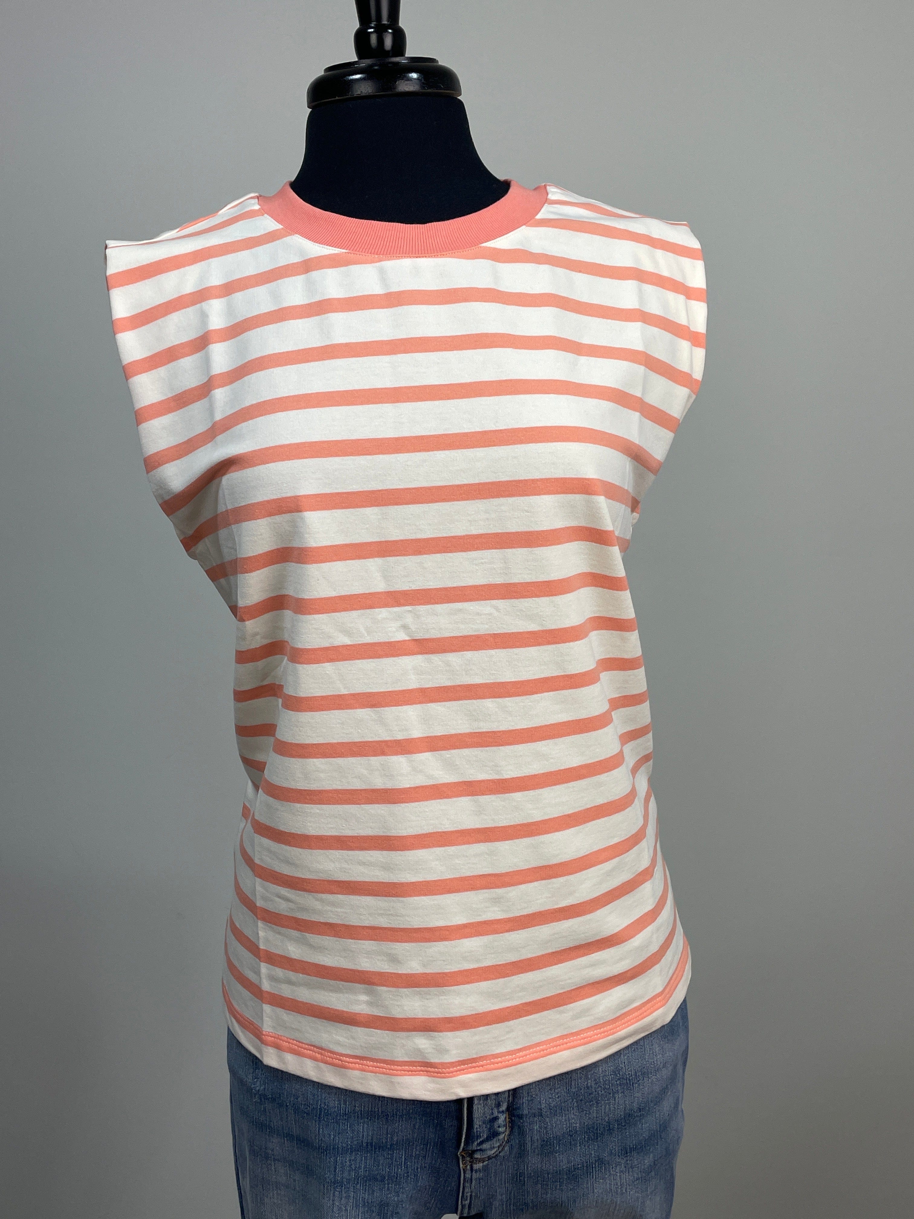Ivory/Orange Striped French Terry Sleeveless Top