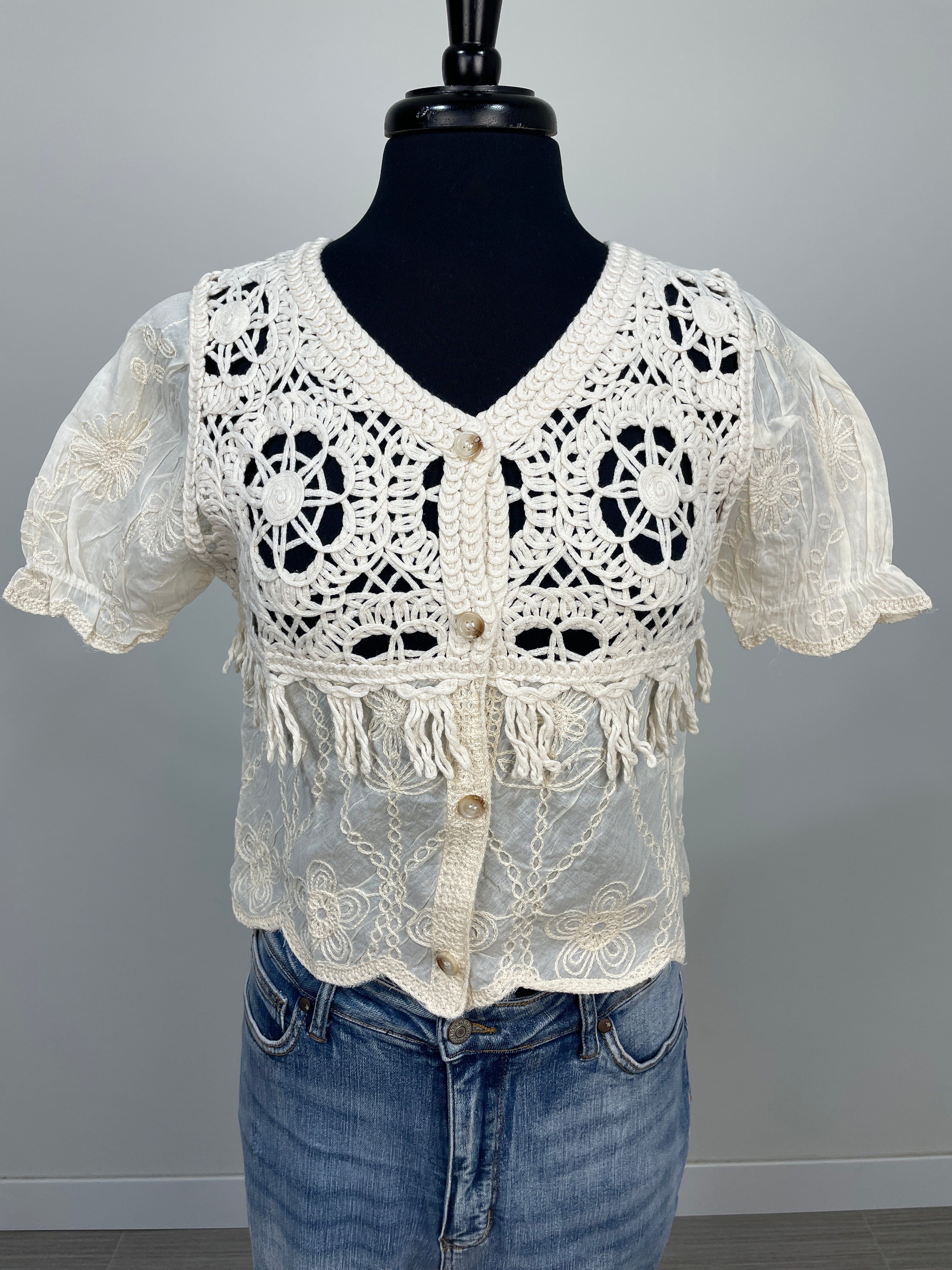 Beige Floral Crochet Top OS