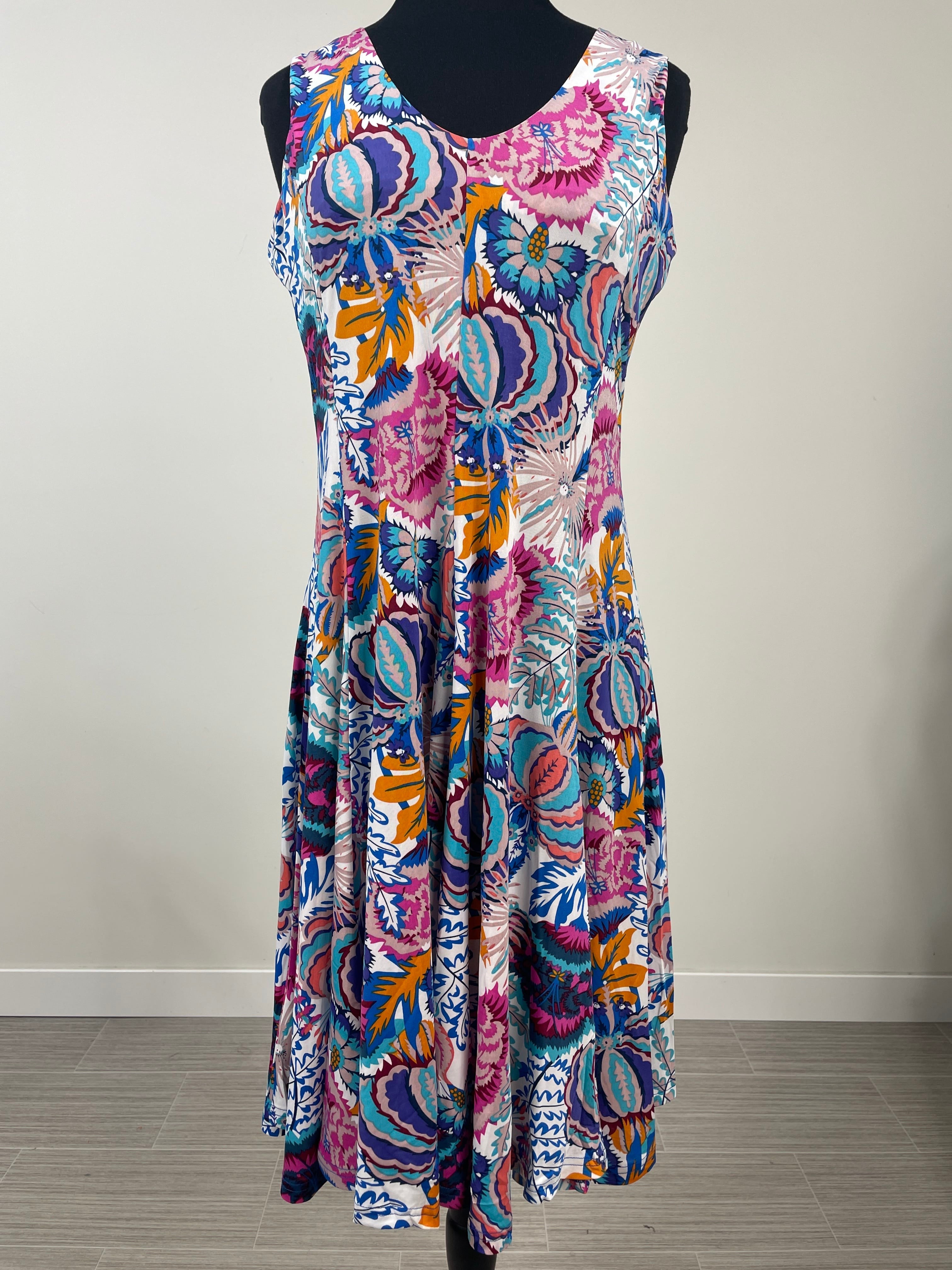 White Multi Floral Sleeveless Pleated Dress