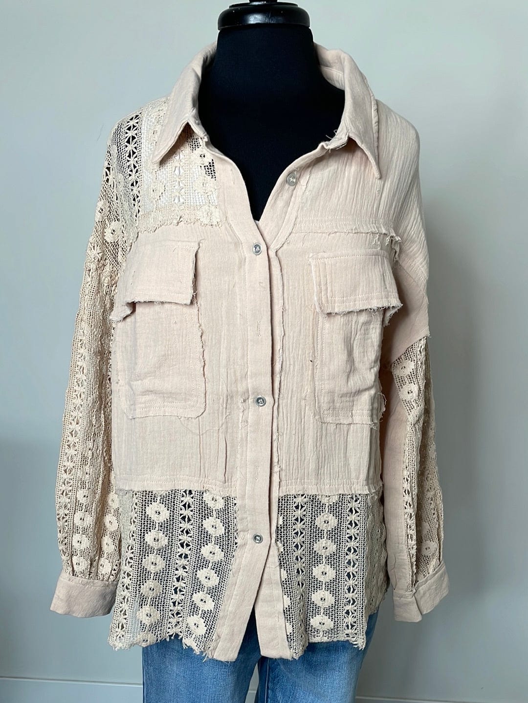 Taupe Gauze w/Crochet Detail Top