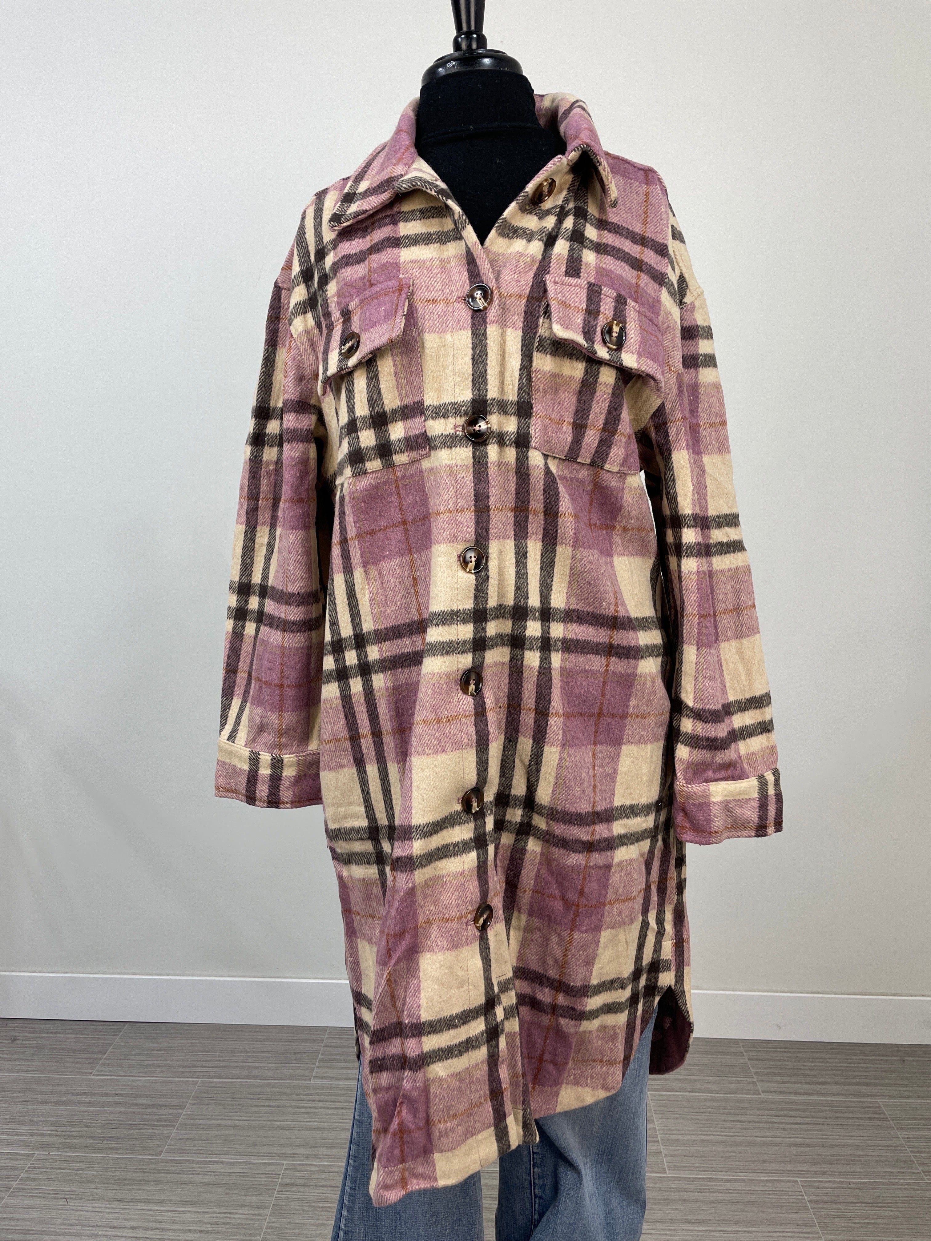Mauve Plaid Flannel Long Shacket
