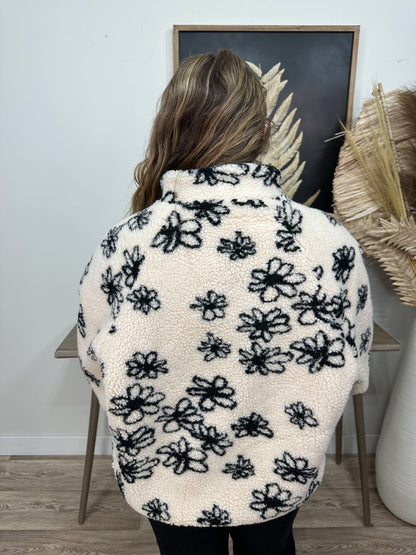 Cream Sherpa Pullover With Flowers