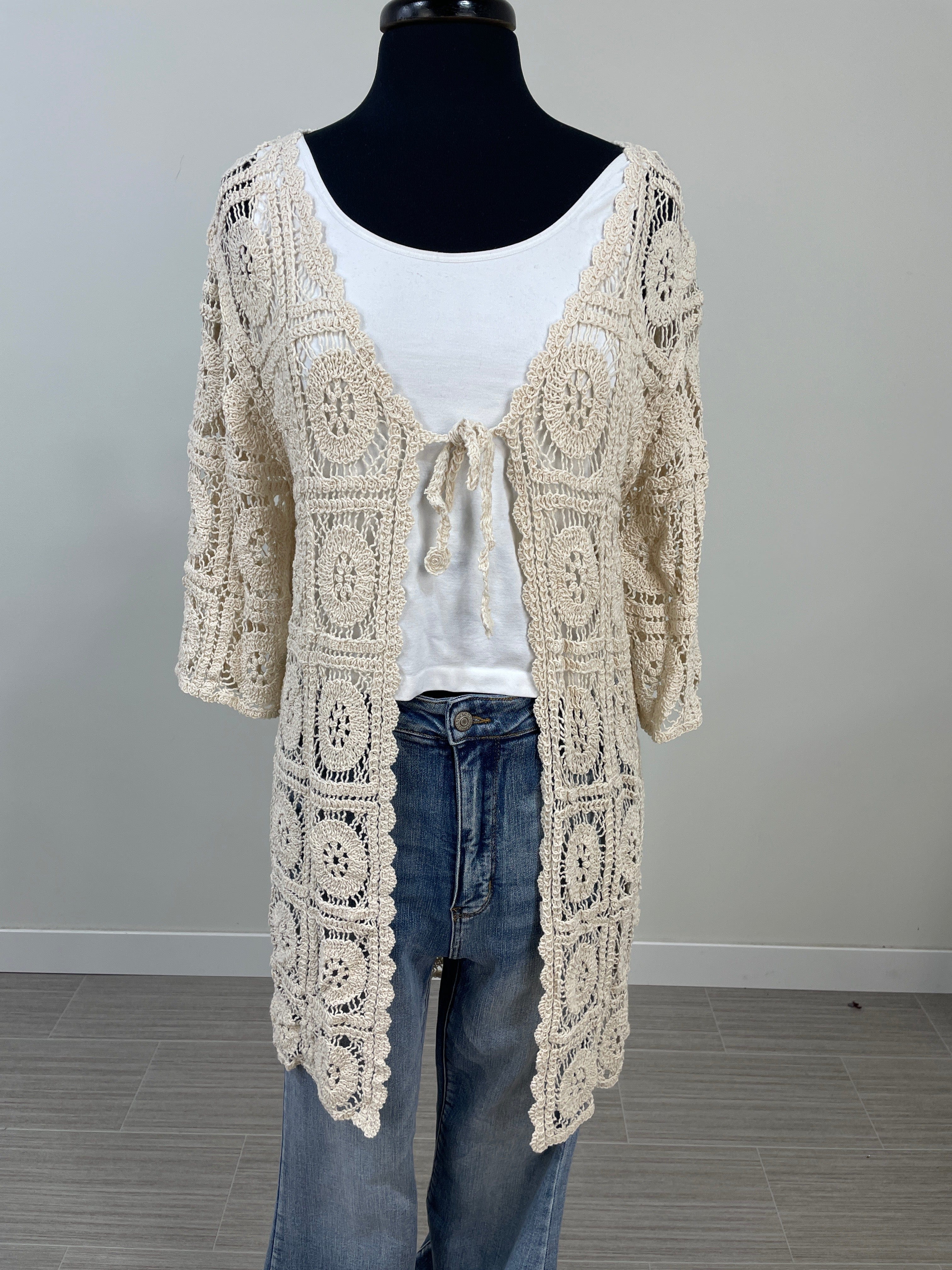 Bone Crochet Tie Front Cardigan