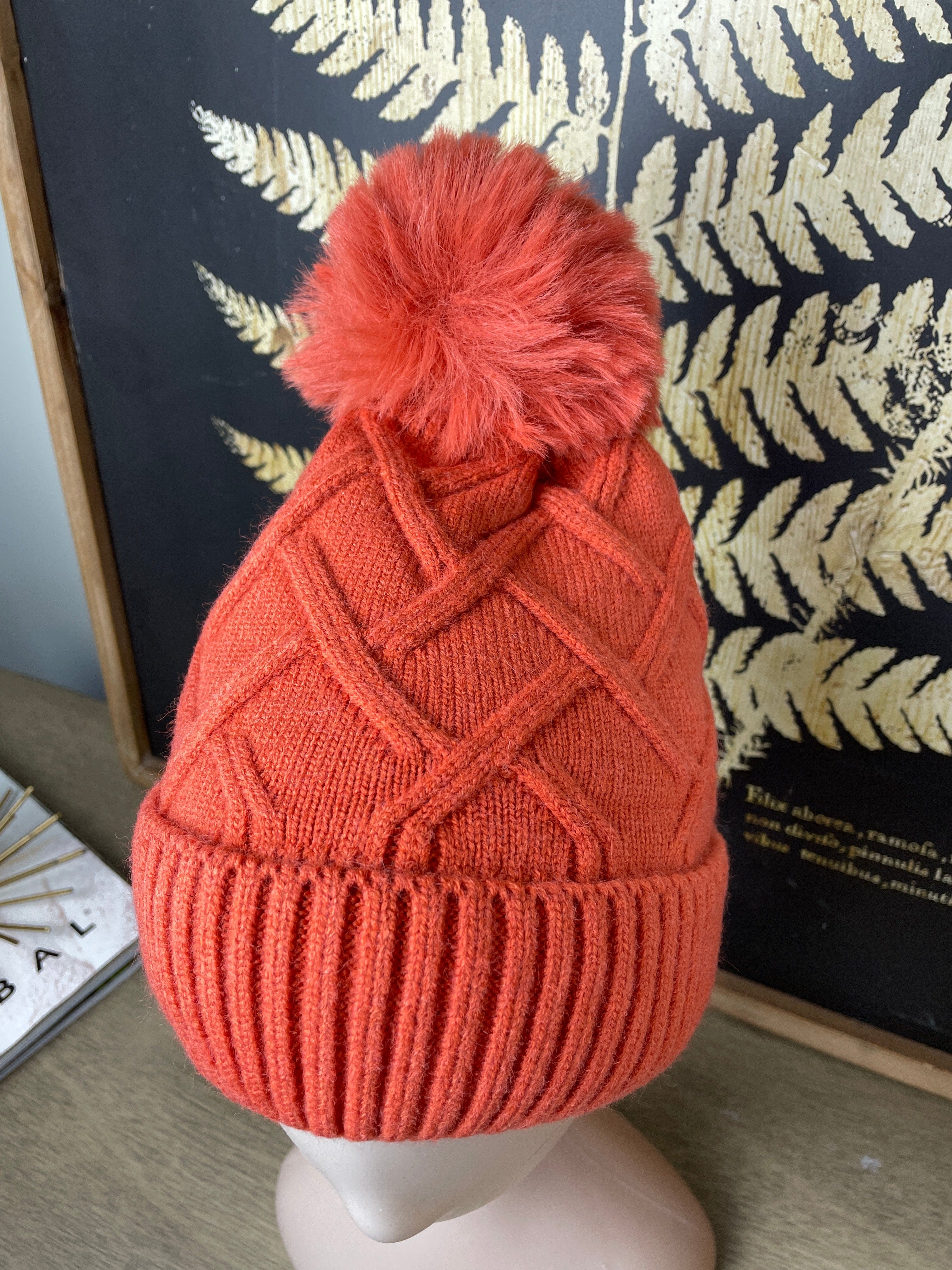 Orange Diamond Knit Fleece Lined Hat