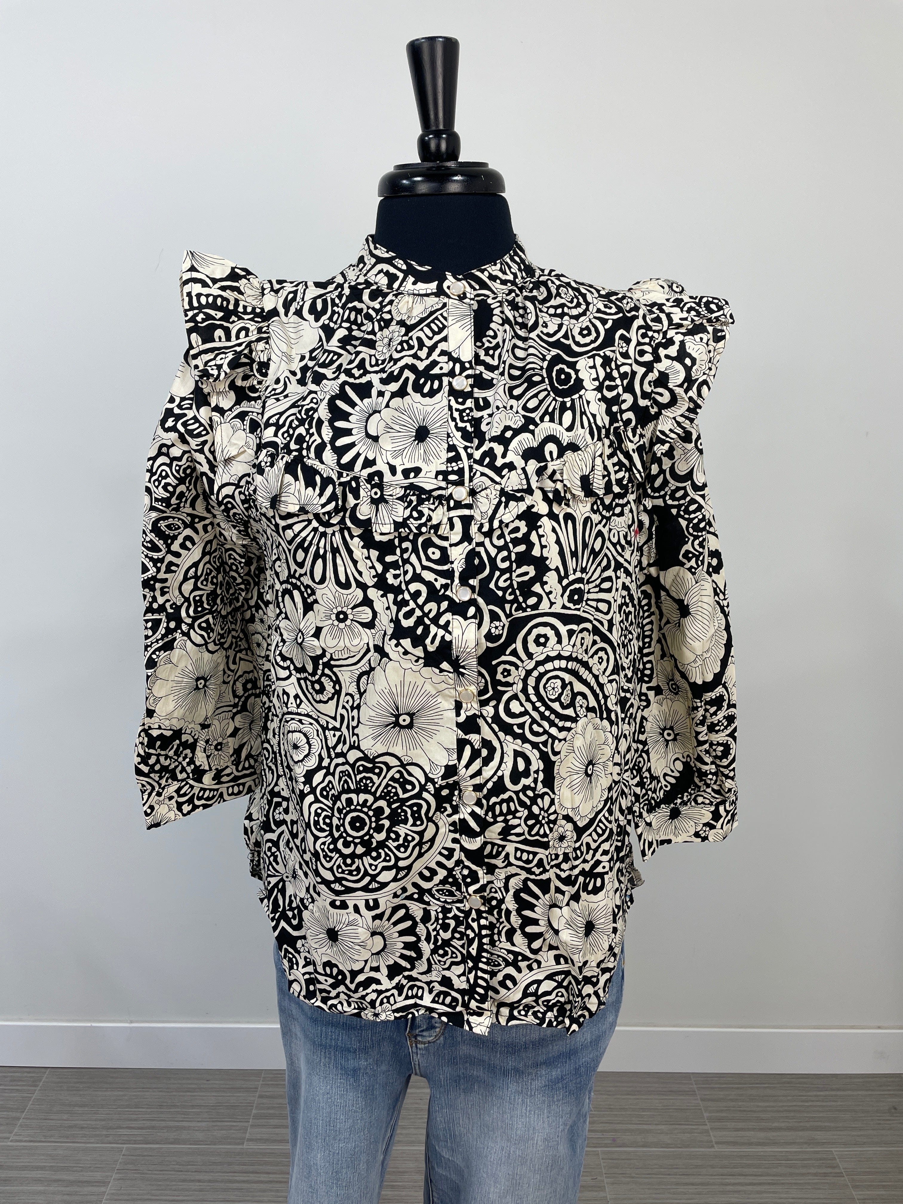 Black Flutter Sleeve with Pearl Snap Buttons Blouse