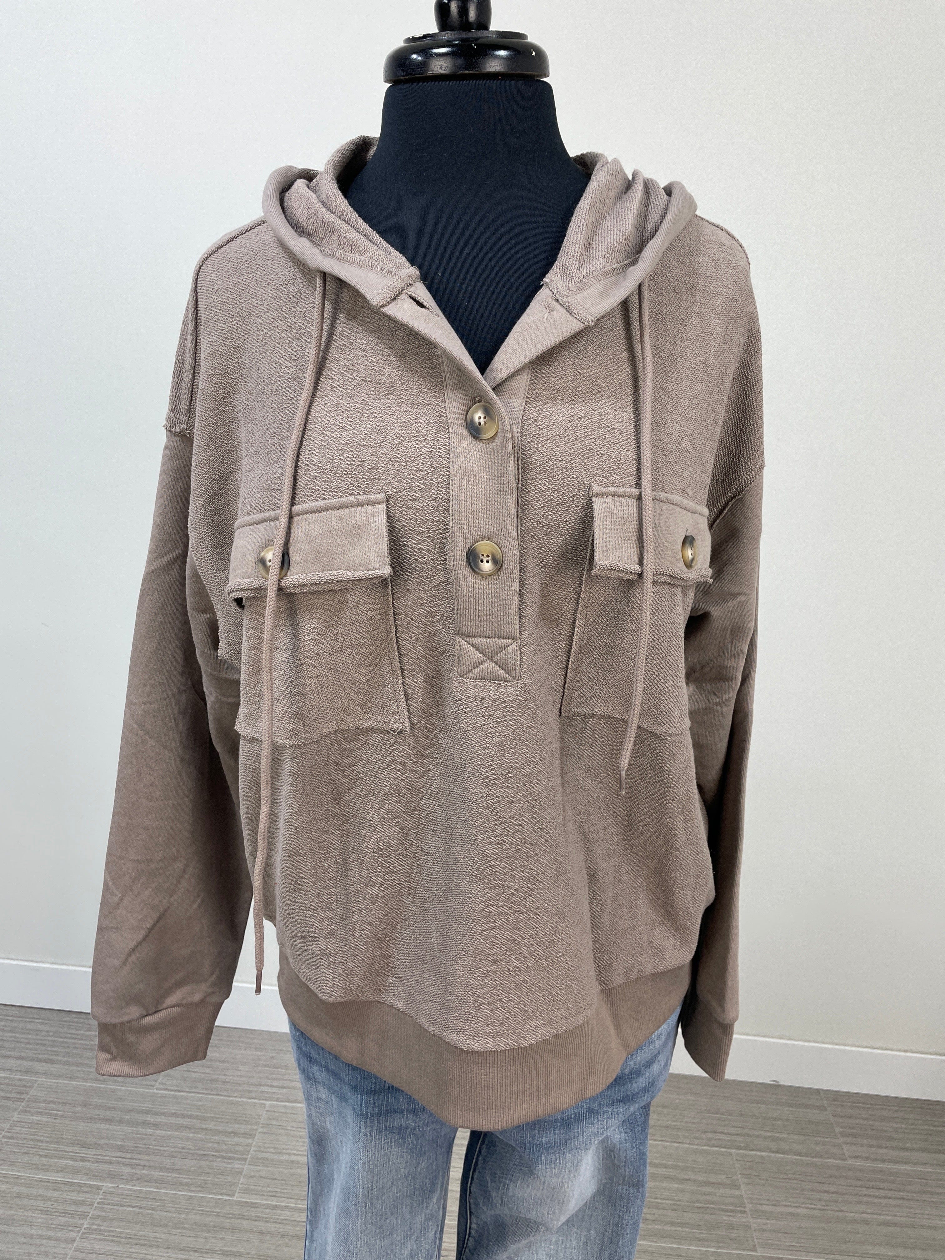 Otter Button Detail Hooded Terry Top