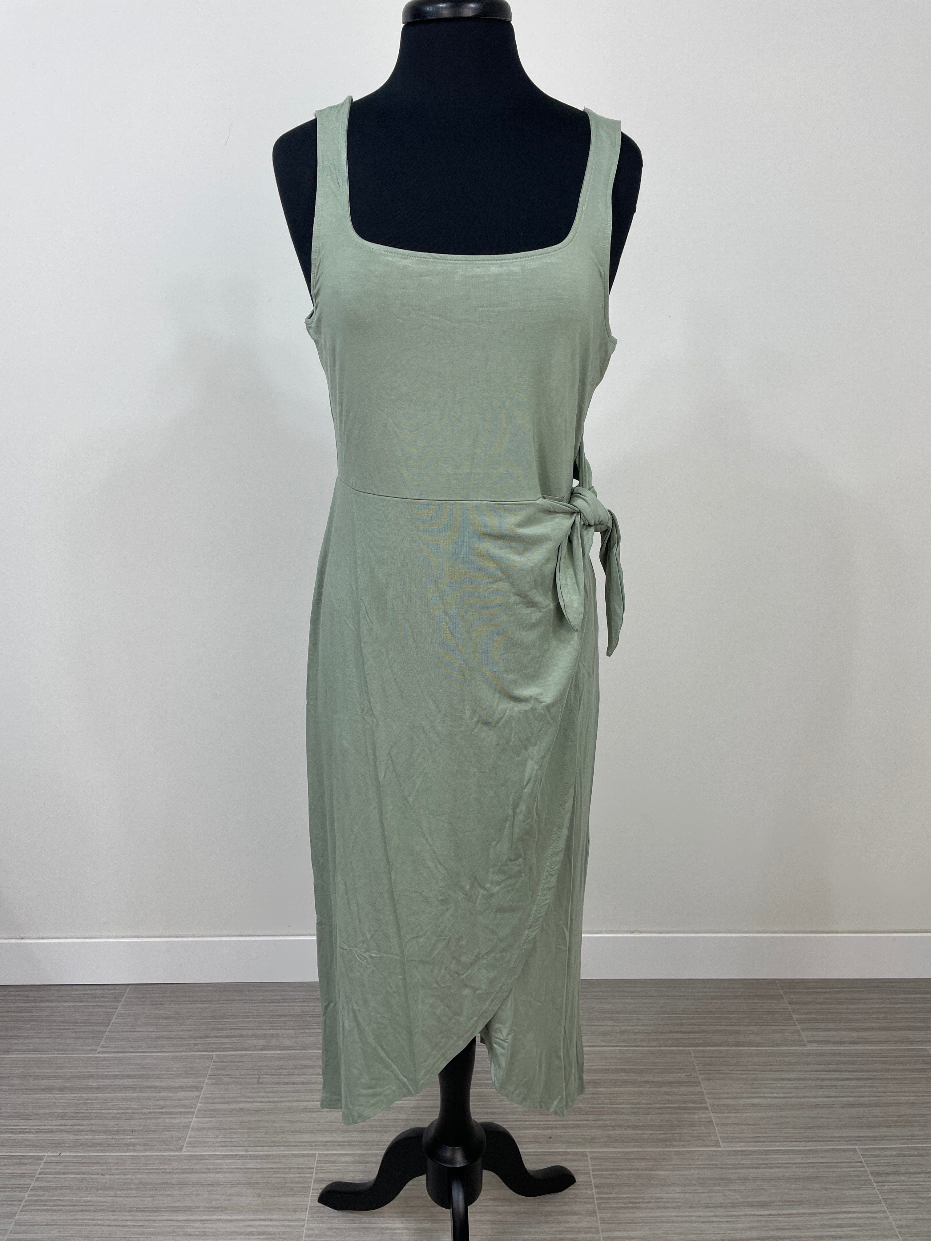 Sage Square Neck Tie Wrap Midi Dress