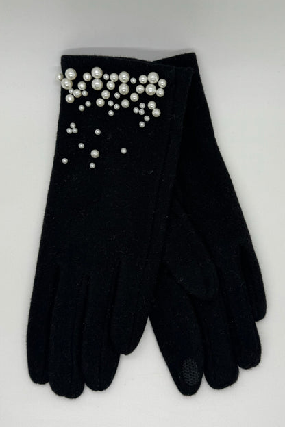 Black Felted Gloves with Pearls