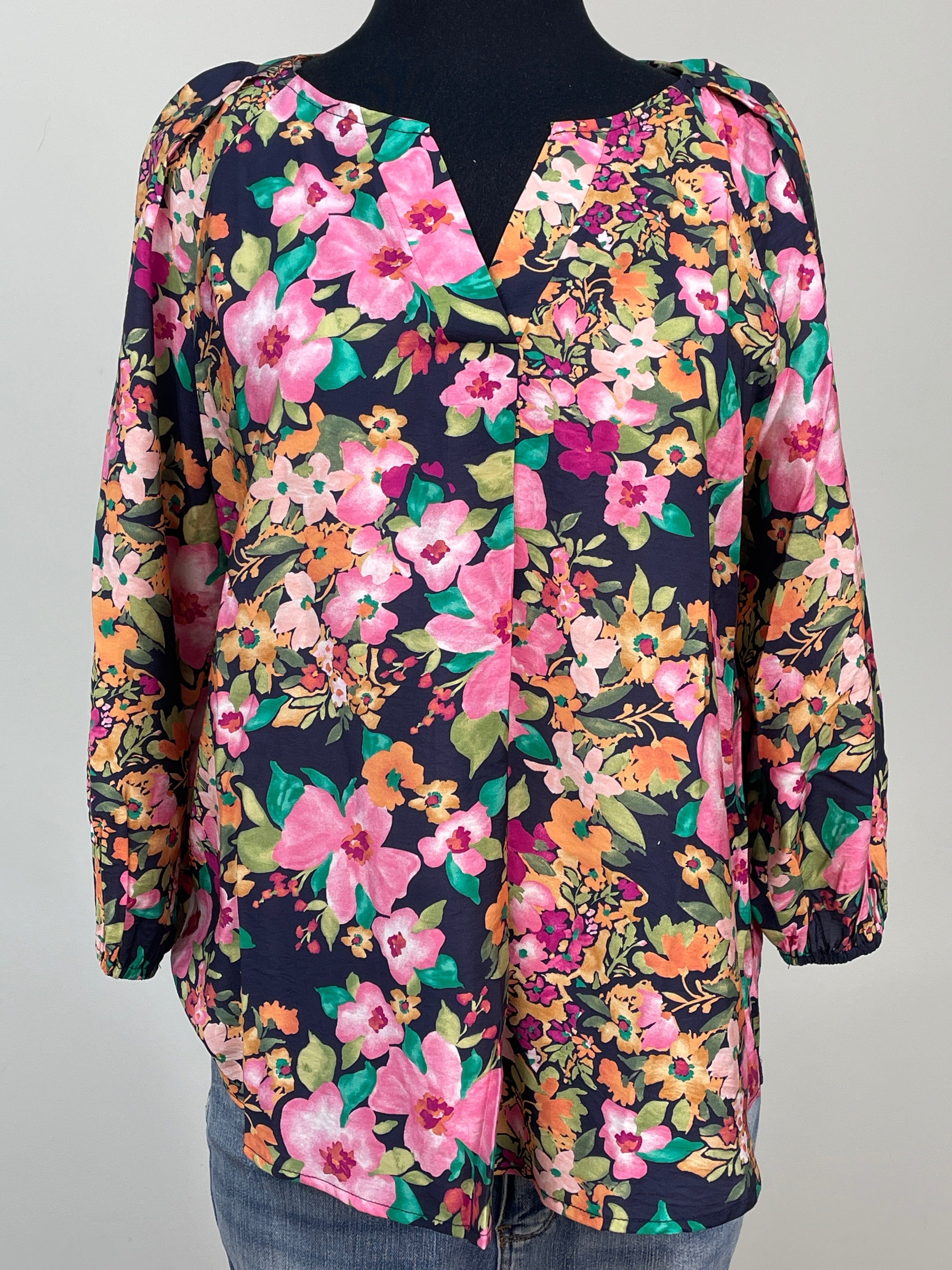 Navy Floral Printed Puff Sleeve Blouse